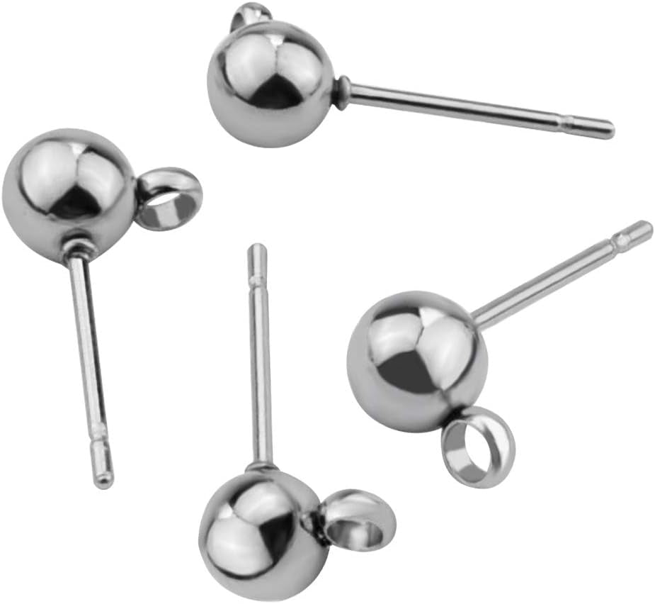 100Pcs Hypoallergenic Earring Posts Stud Earrings Stainless Steel Silver Ball Post with Loops Earring Studs 5Mm Ball Post for Jewelry Earring Making(Sliver, 5Mm)