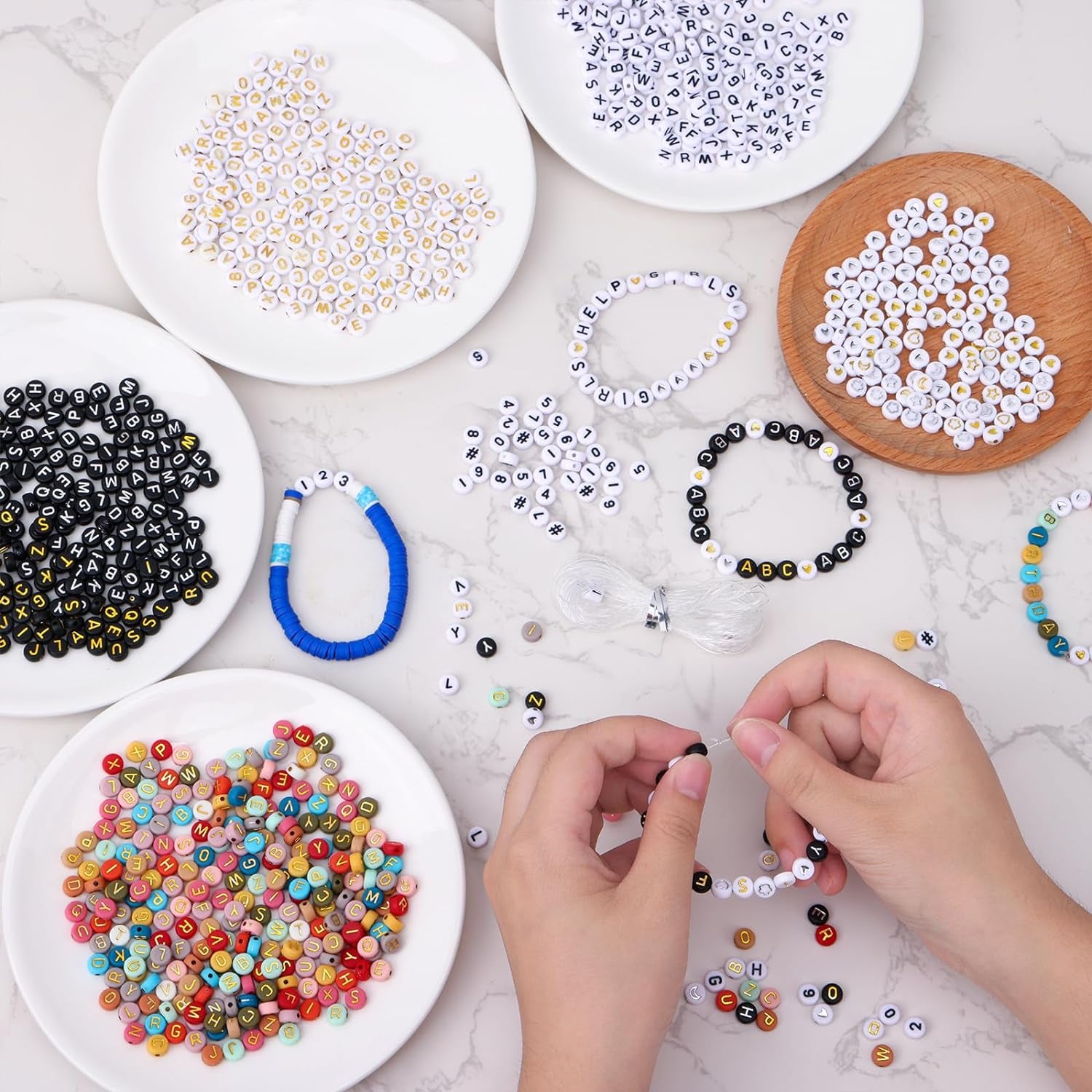 2000Pcs Letter Beads for Bracelets, 9 Color round Alphabet Number Beads with 1 Roll Elastic String for Bracelet Necklace Jewelry Making Supplies (7X4Mm)