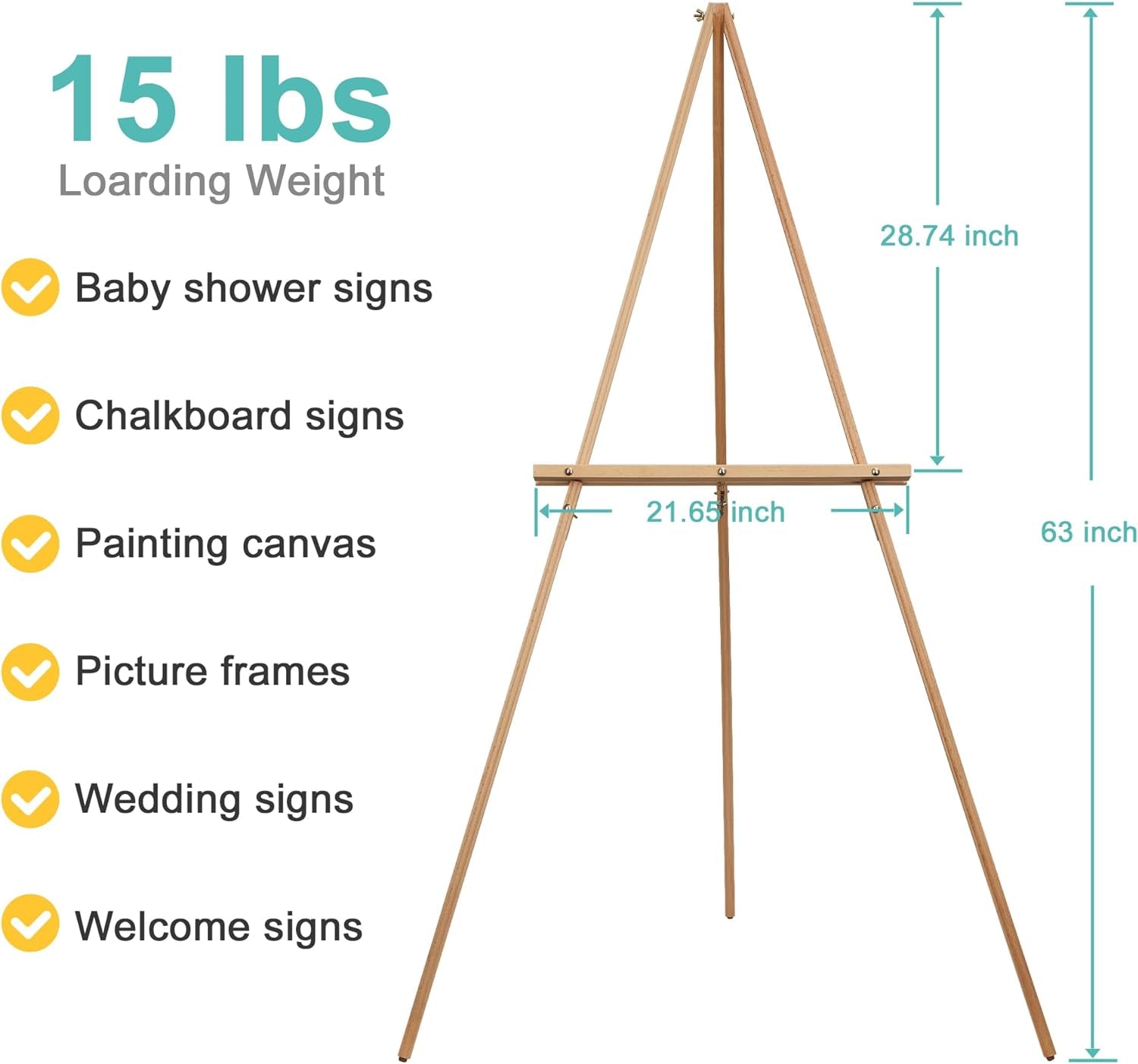 63'' Wooden Easel Stand for Wedding Sign, Picture, Painting Canvas Beech Wood Poster Stand for Display Adjustable Art Easel for Floor