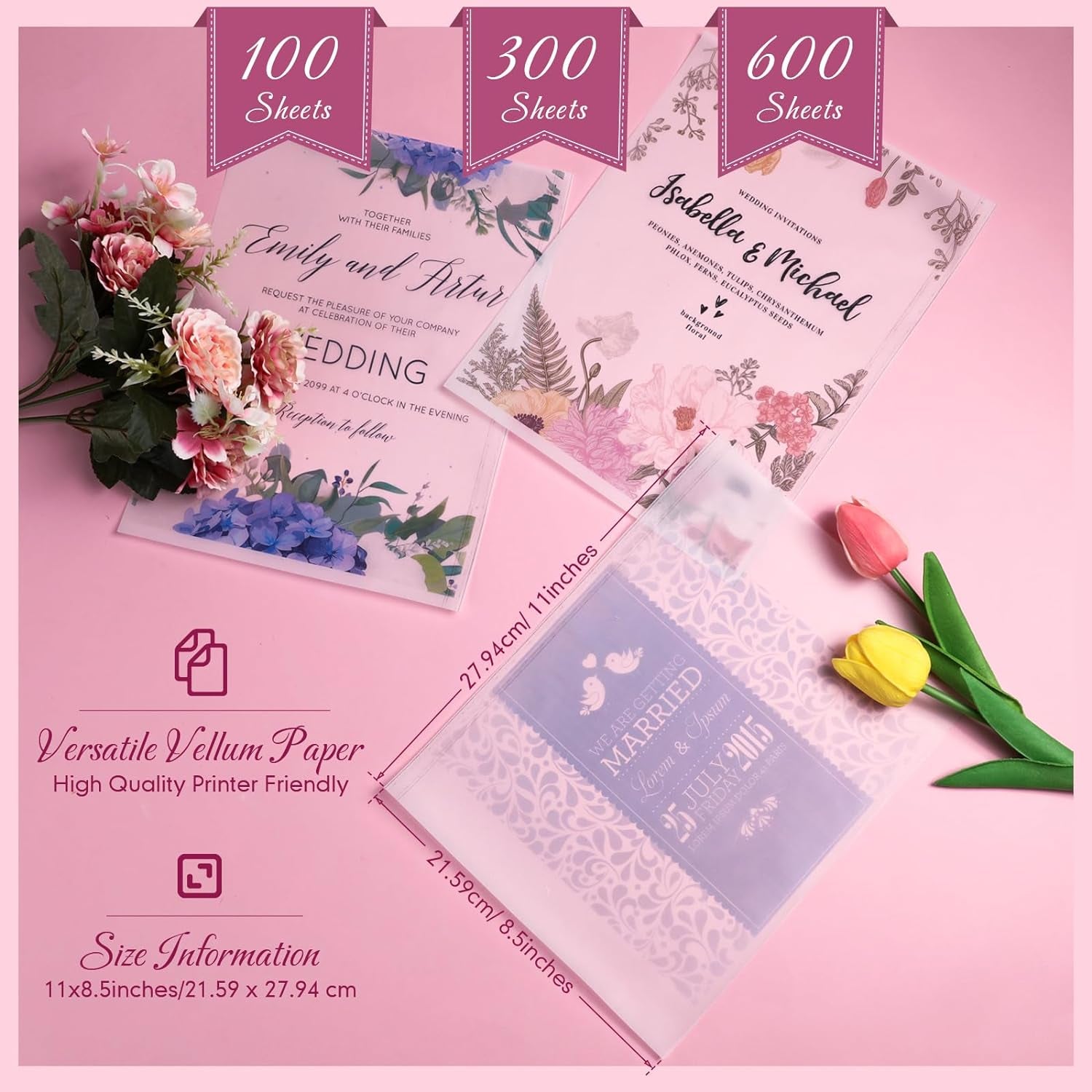 300 Sheets Vellum Paper 8.5 X 11 Inches Translucent Printable for Vellum Jackets Wedding Invitations Cards Inserts Photo Overlays Sketching Printingtracing Card Overlays Lantern Envelope