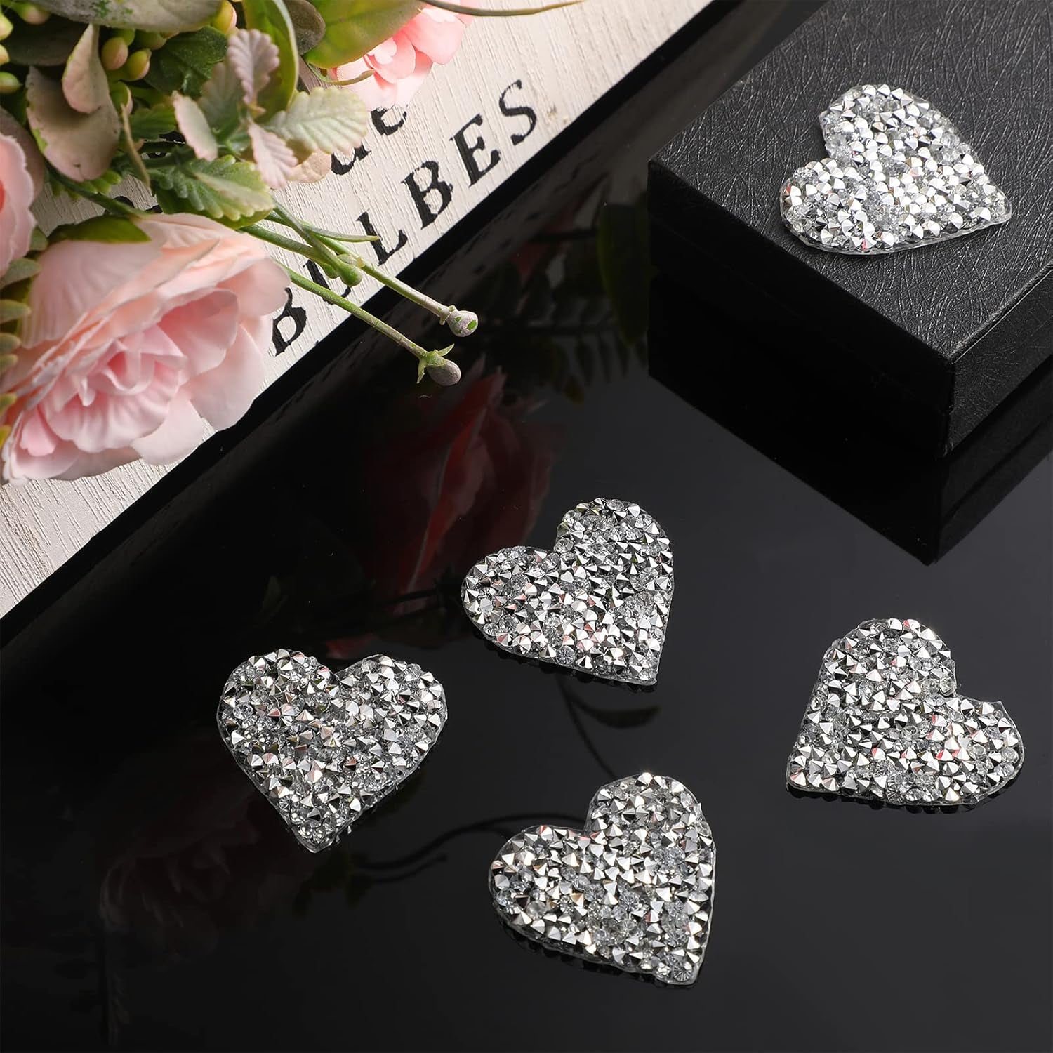 24 Pieces Star Patches Rhinestone Patches Heart Shape Diamond Appliques Adhesive Applique Glitter Repair Patch for DIY Crafts Clothes Bag Pants Wedding Decoration (Heart,Silver)