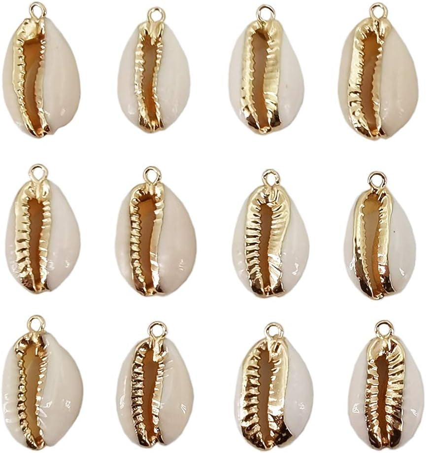 12PCS Golden Natural Shell Pendants Sea Shell Connectors Beach Seashells Cowrie Shell Charms for Jewelry Making