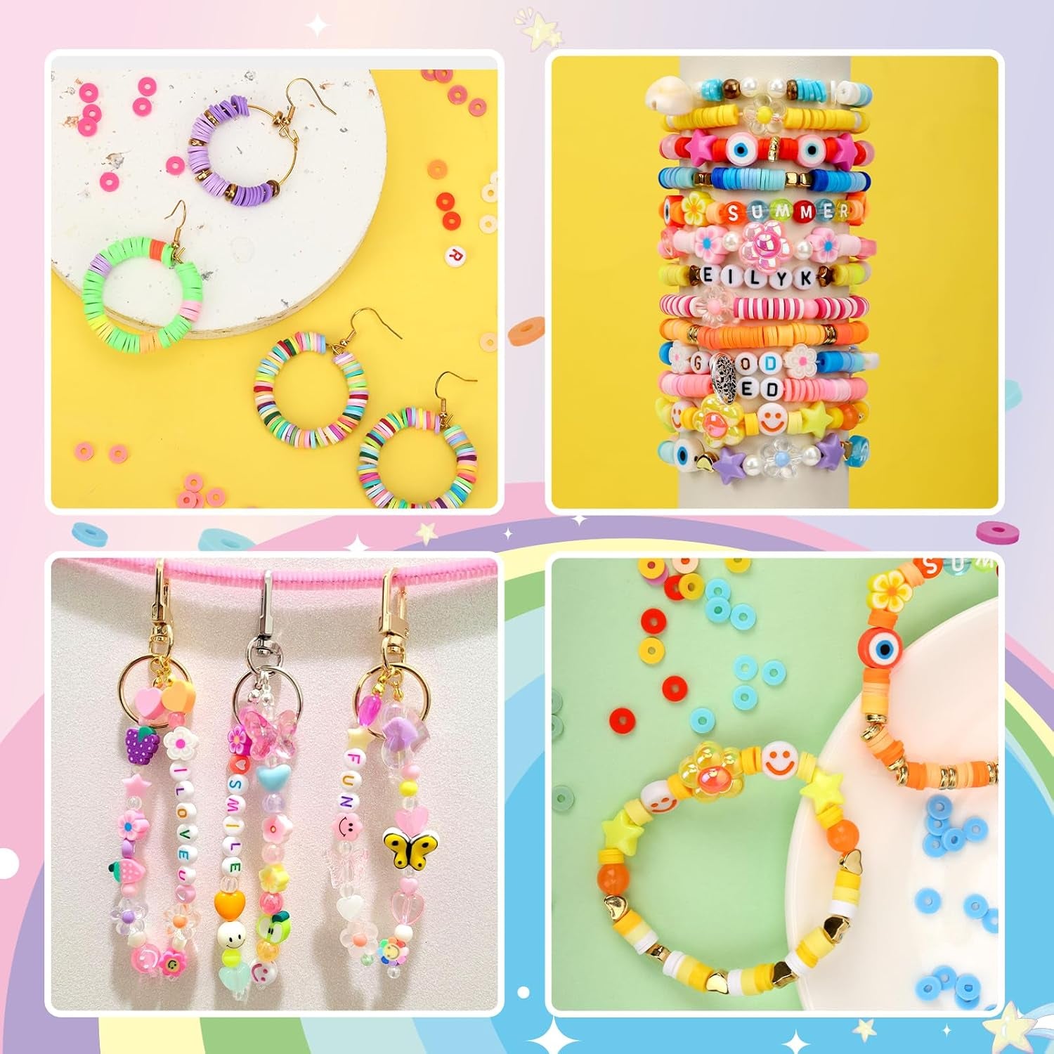 12000Pcs Clay Beads for Bracelet Making, 56 Colors Flat round Polymer Clay Beads Spacer Heishi Beads for Jewelry Making with Trendy Beads, Pendant Charms Kit, Letter Beads and Elastic Strings