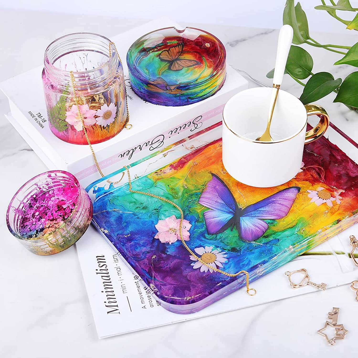 Resin Mold Silicone Kit with Resin Rolling Tray Mold, Ashtray Resin Jar Mold with Lid for Casting Resin,Epoxy Resin,Diy Storage Container