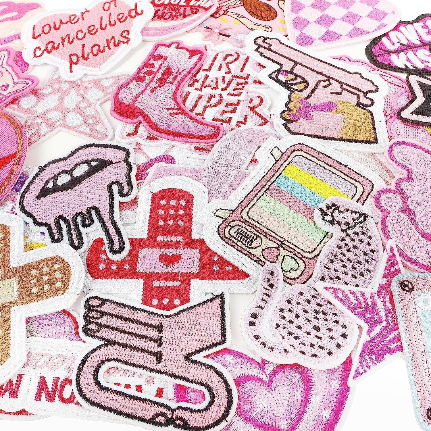 Embroidered Preppy Iron on Patches: 35PCS Pink Embroidery Sew on Applique Patch for Clothing