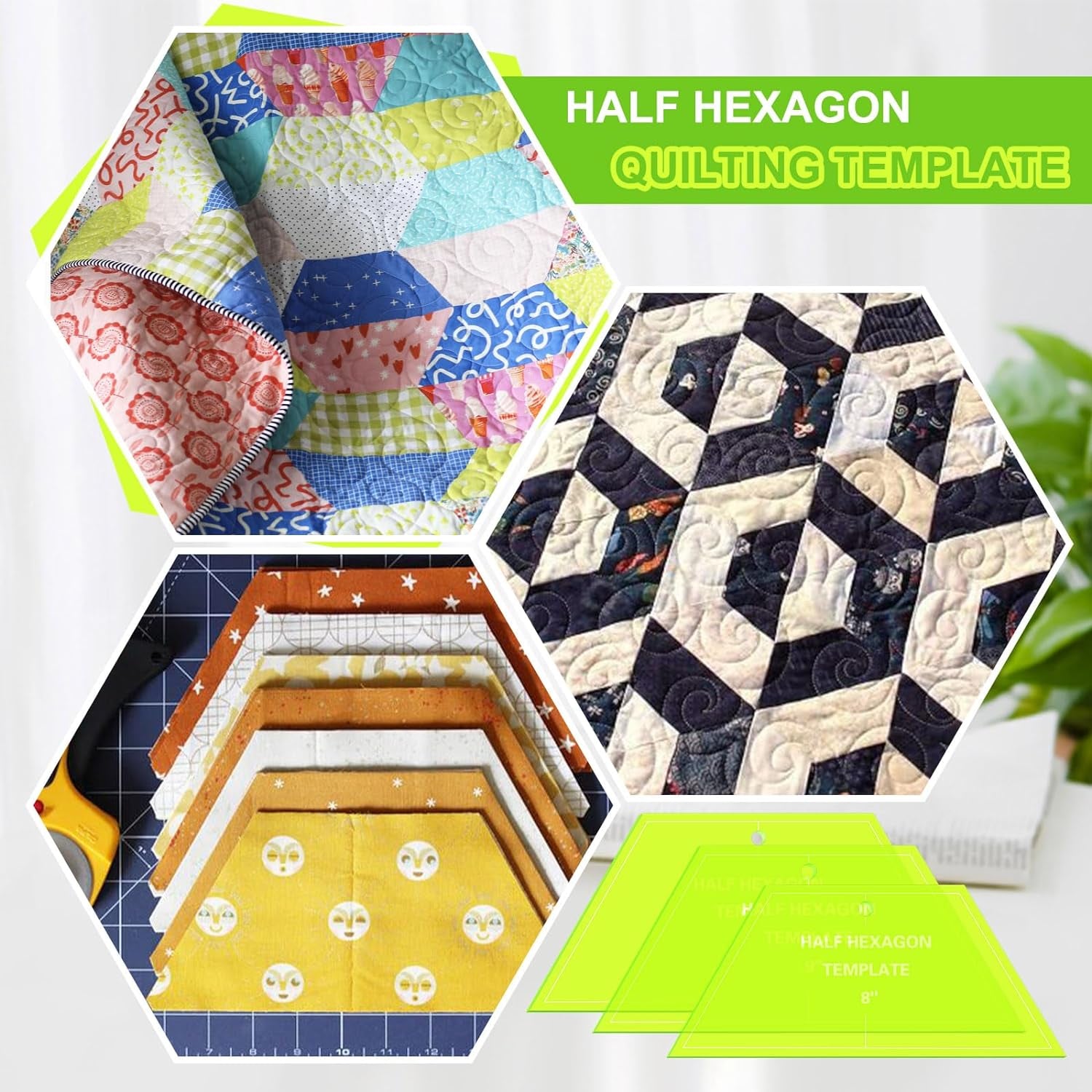 3 Pcs Half Hexagon Quilting Template Acrylic Quilting Template Ruler 8 9 10 Inch Quilt Rulers for Quilting and Sewing Layer Cake Patchwork Quilt Supplies for Cutting Patterns DIY Craft (Green)