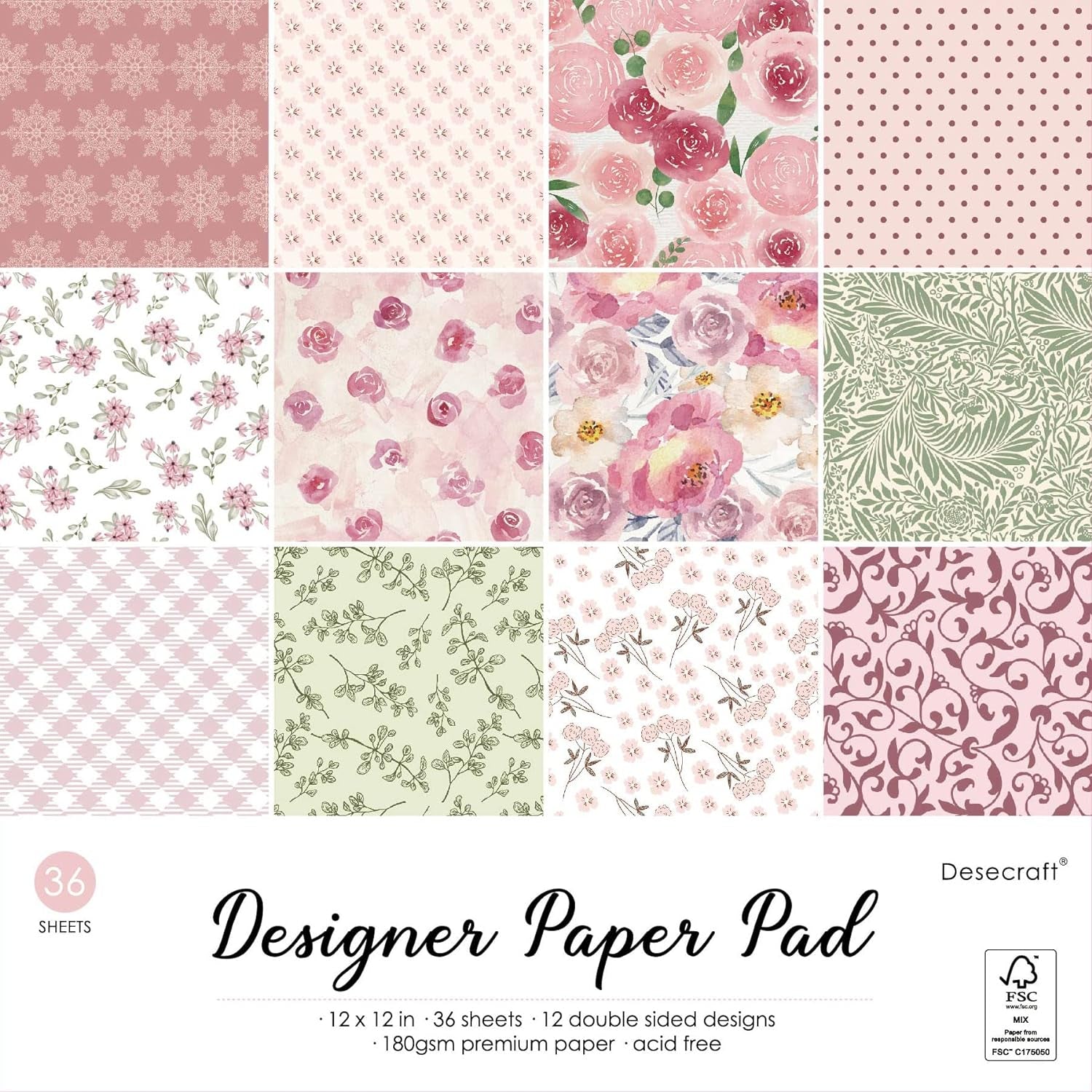 Spring Vintage 12X12 in Double Sided Paper Pad Pack Scrapbook Cardstock Decorative Paper - 36 Sheets - for Card Making Journaling Planner Origami Decopage Decorative Scrapbooking Supplies