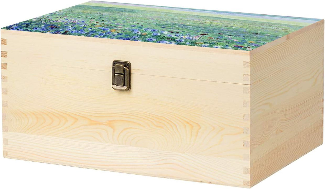 Extra Large Rectangle Unfinished Pine Wood Box Natural DIY Craft with Hinged Lid and Front Clasp for Arts Hobbies and Home Storage-13.8X9.9X6.7 Inches