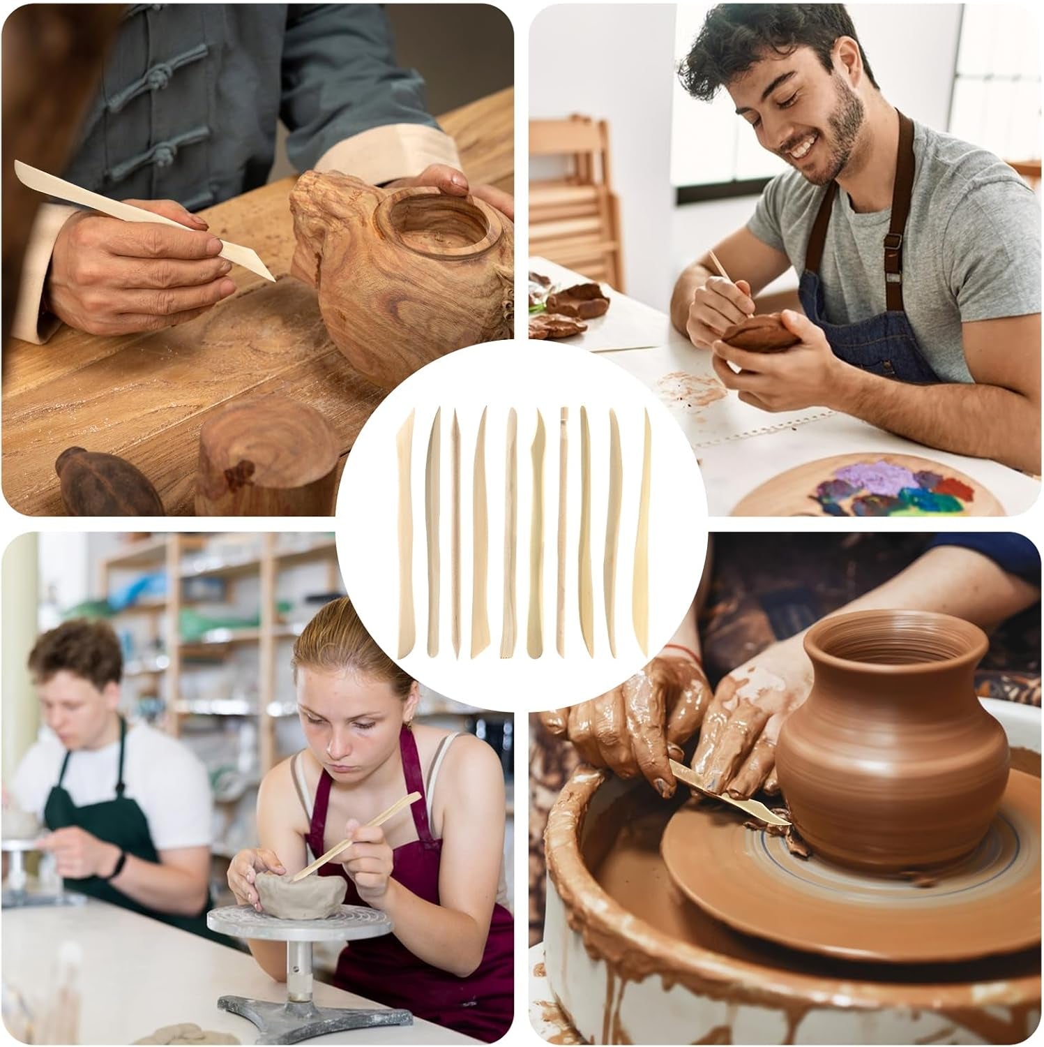 10-Piece Double Ended Clay Sculpting Tools Ceramic Wooden Clay Modeling Sculpture Tools Polymer Modeling Clay Tools Pottery Cutting Tool Kit Supplies for Cutting, Soap Carving and Smoothing