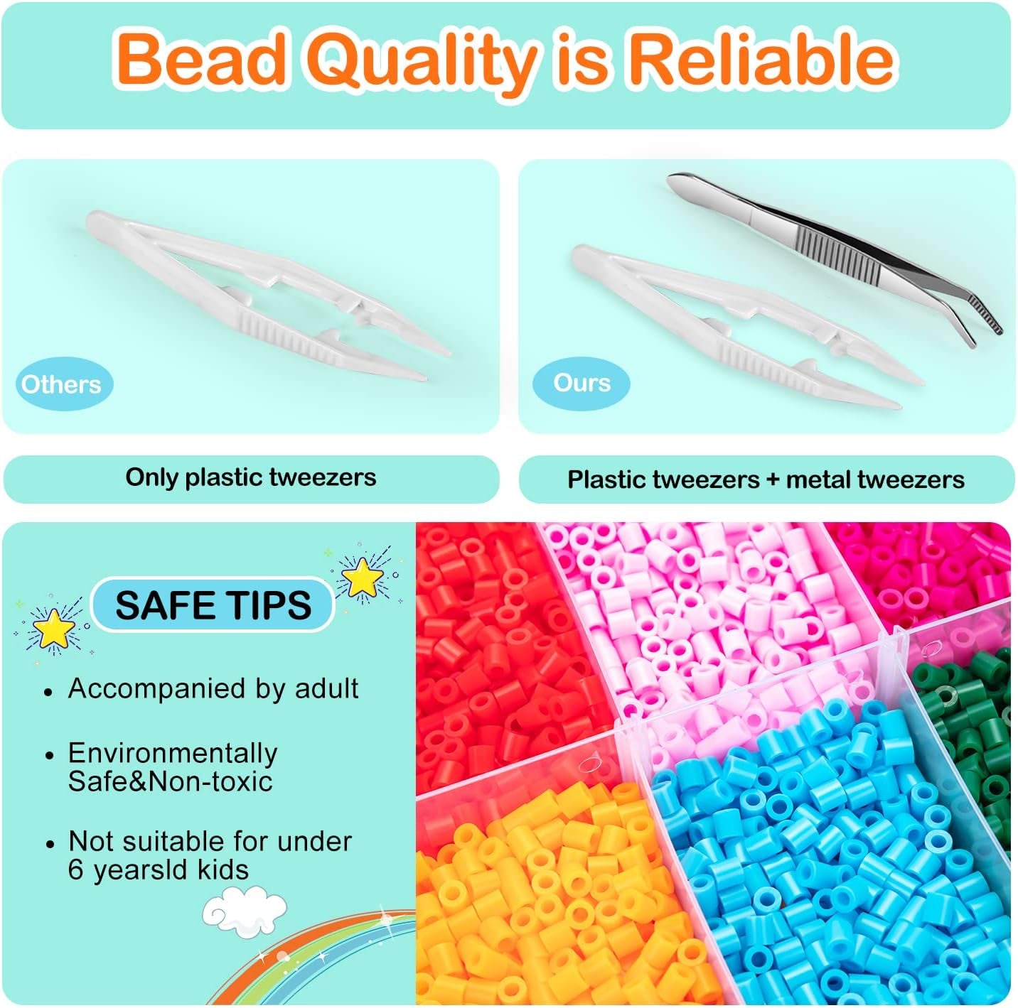 Sundymot Fuse Beads Kit - 10600 5Mm Beads Craft Set with Storage Box, Pegboard, Iron-On Paper and Other Accessories. Creative DIY for Boys and Girls, Ideal Christmas and Birthday Gifts