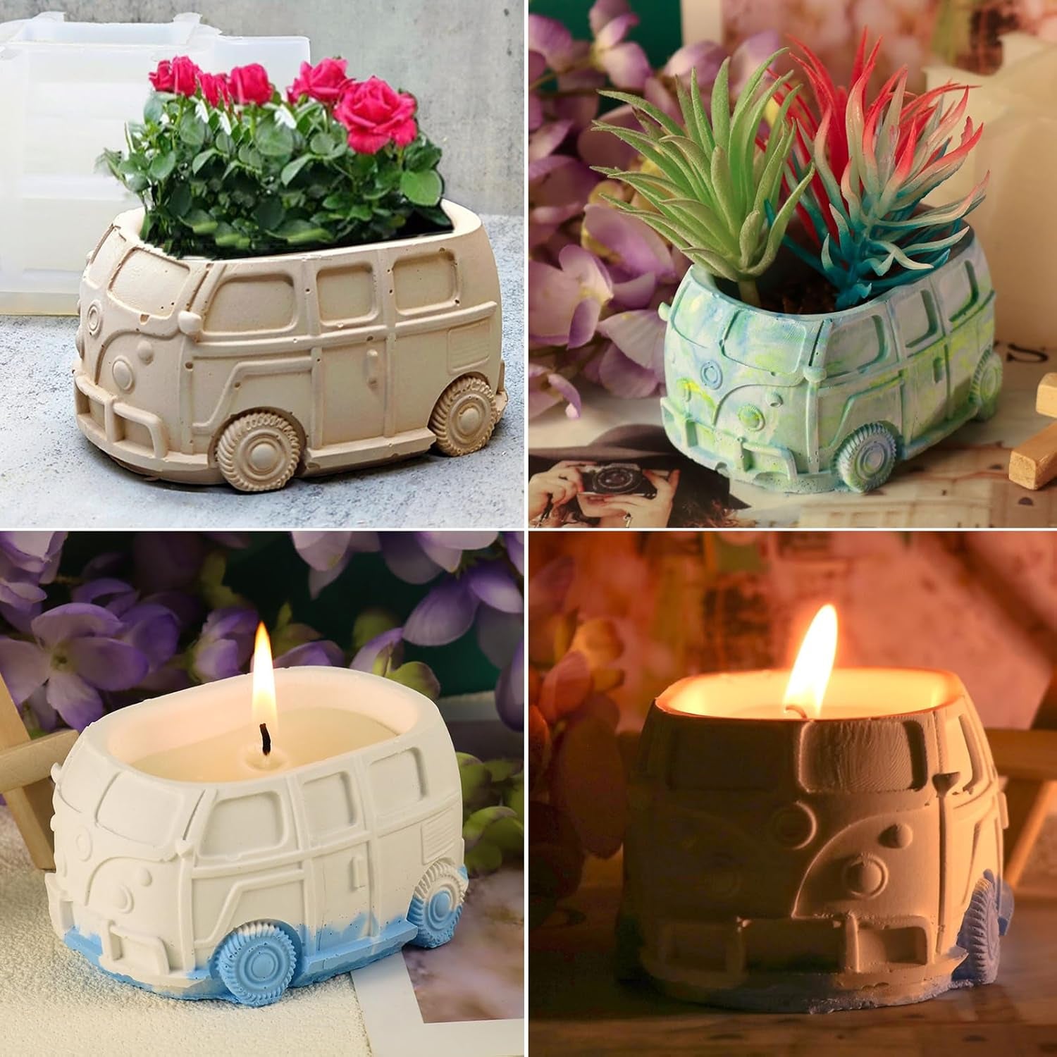 3D Bus Flower Pot Silicone Mold Container Bowl Resin Mold Retro Car Shape Candle Vessel Concrete Cement Mold Epoxy Resin Casting Silicone Molds Succulent Planter Storage Box DIY Art Crafts