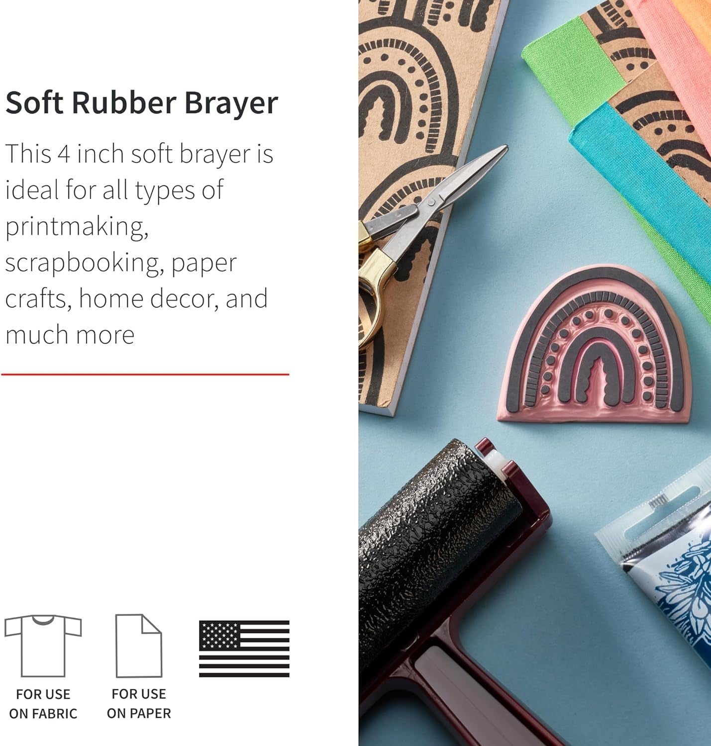 Pop-In Soft Rubber Brayer, 4" – Roller Tool for Crafting and Block Printing, Vinyl, Comfort Grip Handle