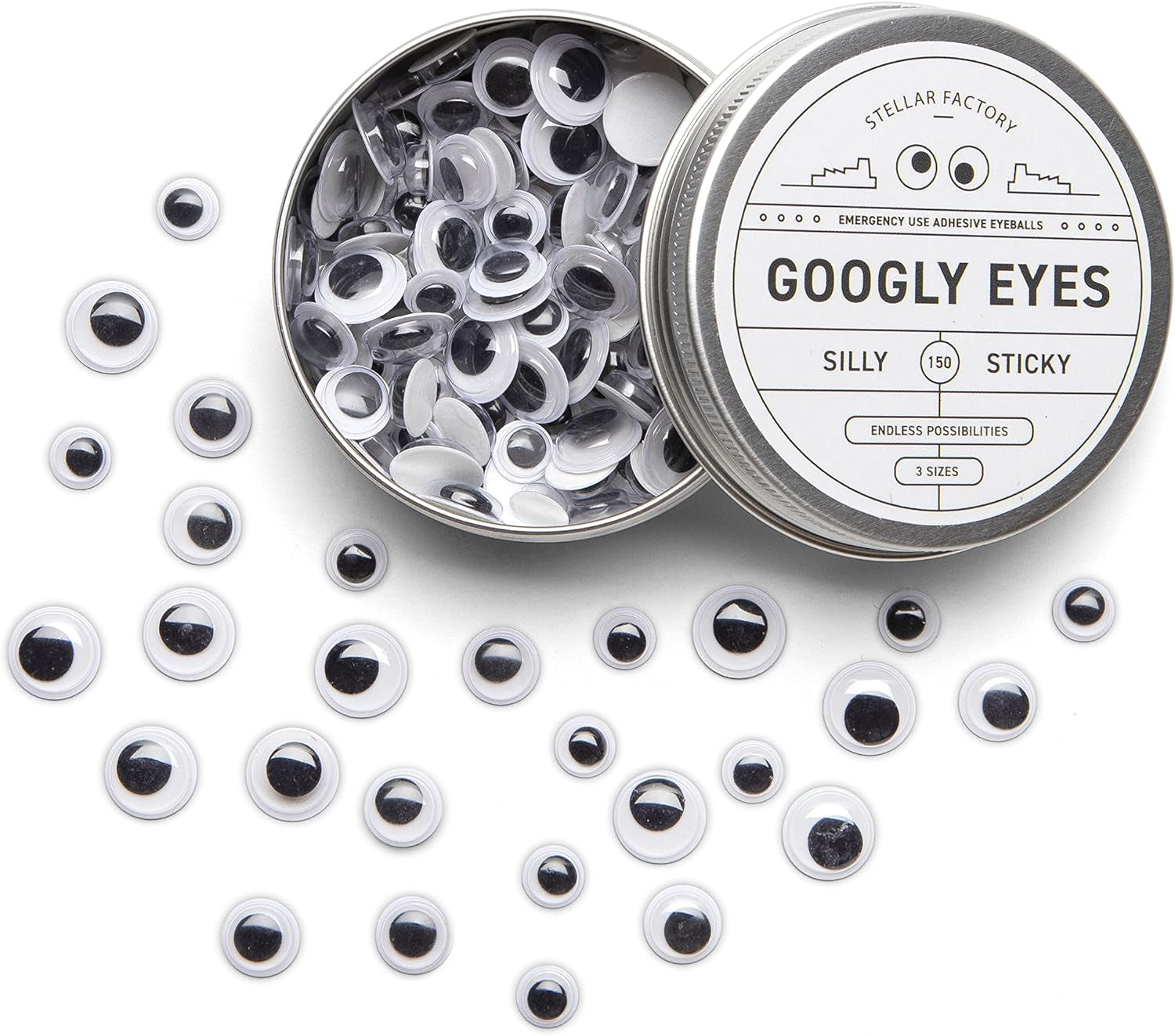 Googly Eyes: Emergency Use Adhesive Eyeballs in Giftable Steel Tin - 150 Pcs, 3 Sizes