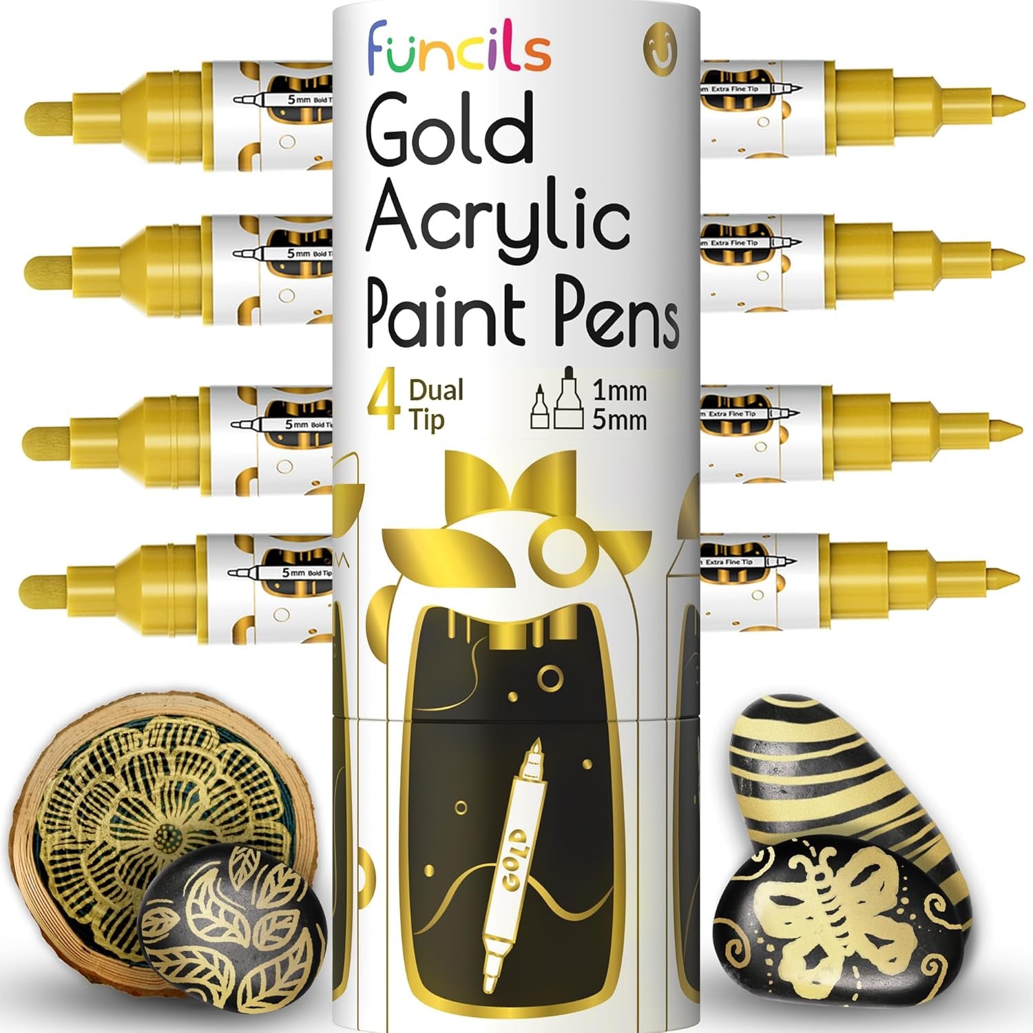 4 Dual Tip Acrylic Paint Pens - Fine Tip &amp; Medium, Permanent &amp; Waterproof - Acrylic Paint Markers for Rock Painting, Canvas, Wood, Ceramic, Glass, Fabric, Metal - White, Black, Gold &amp; Silver