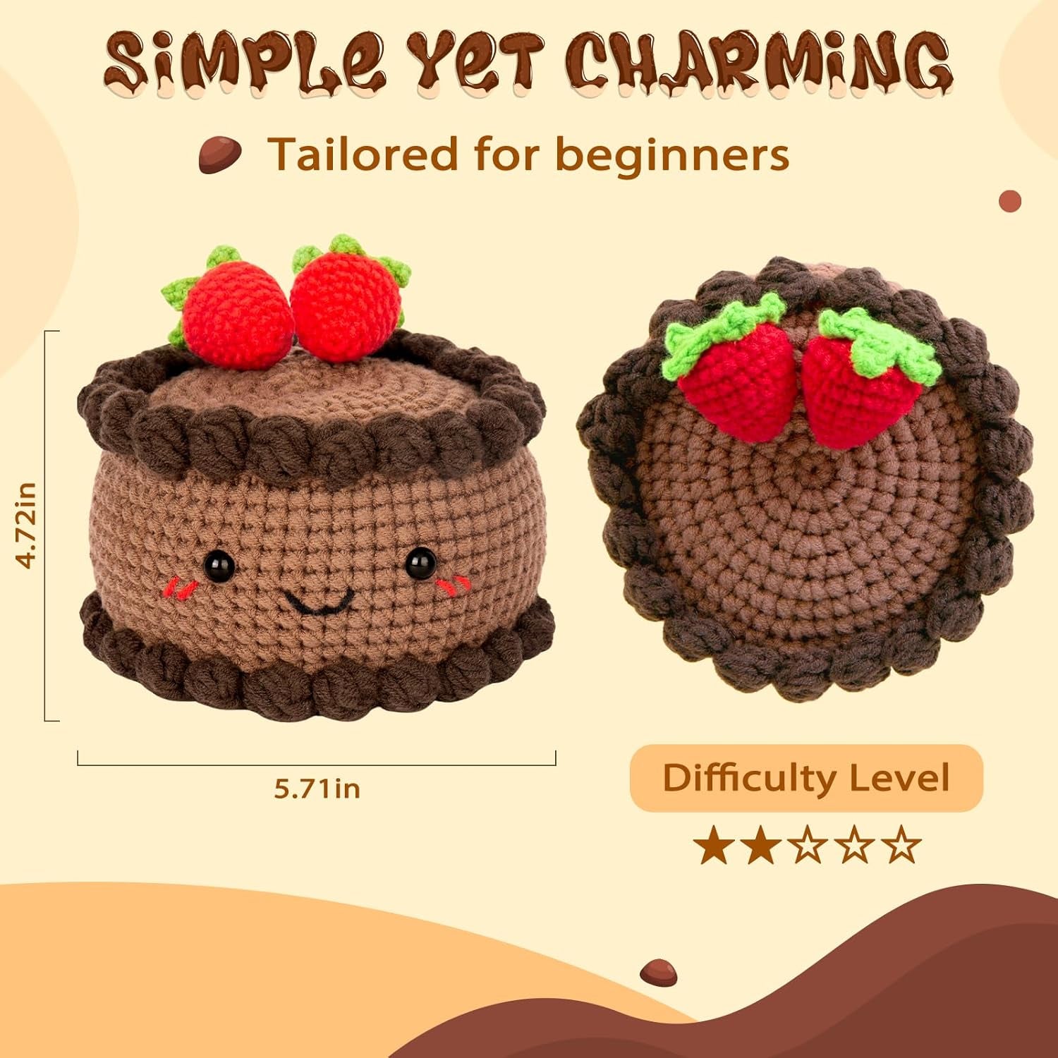 Crochet Kit for Beginners, Crochet Starter Kit with Step-By-Step Video Tutorials, Crochet DIY Knitting Supplies for Adults Kids, Chocolate Strawberry Cake(40%+ Yarn)