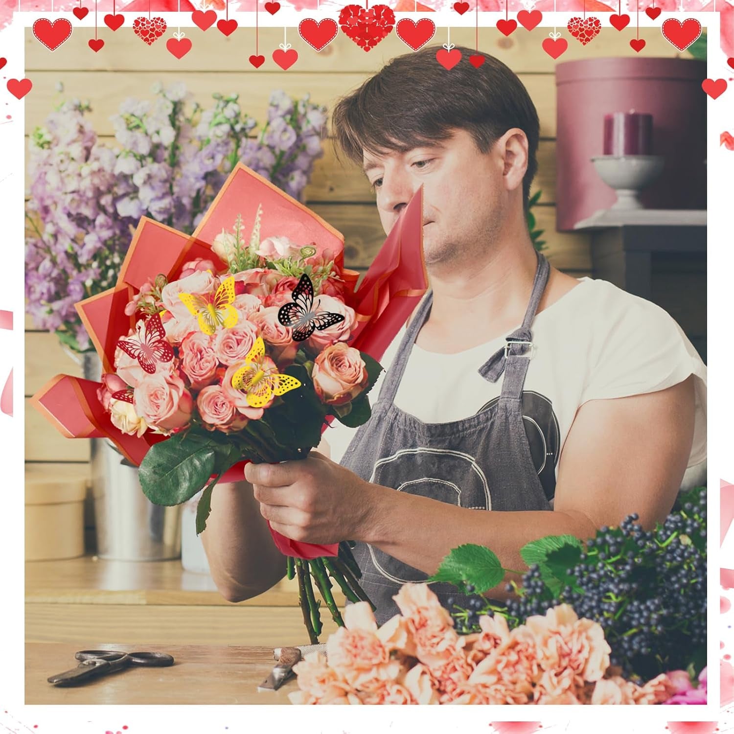 243 Pcs Flower Bouquet Wrapping Paper Waterproof Floral Wrapping Paper Florist Supplies with Butterfly Decoration Crowns Ribbons Bouquet Pin Glue for DIY Craft (Red, Black, Gold)