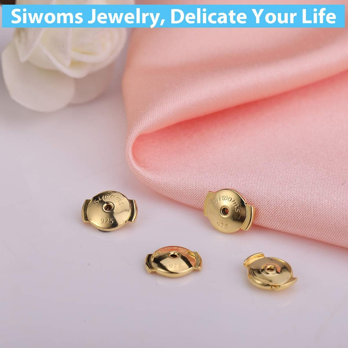 2-Pairs 18K Gold Plated Locking Earring-Back Replacements Secure for Diamond Studs, Hypoallergenic Sterling Silver Backings for Notched Post (0.7～1.0Mm)