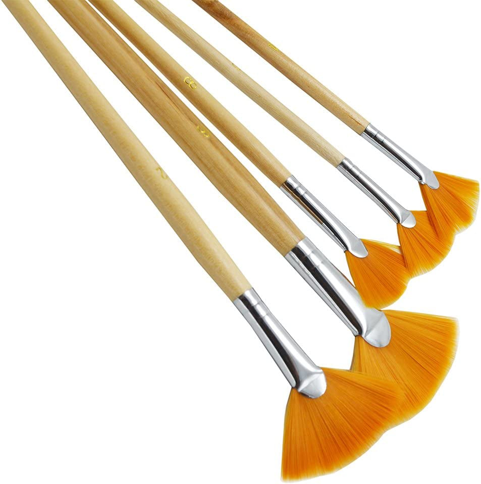 5Pcs/Set,Fan-Shaped Nylon Hair Short Wood Rod Brush Painting Drawing Supplies