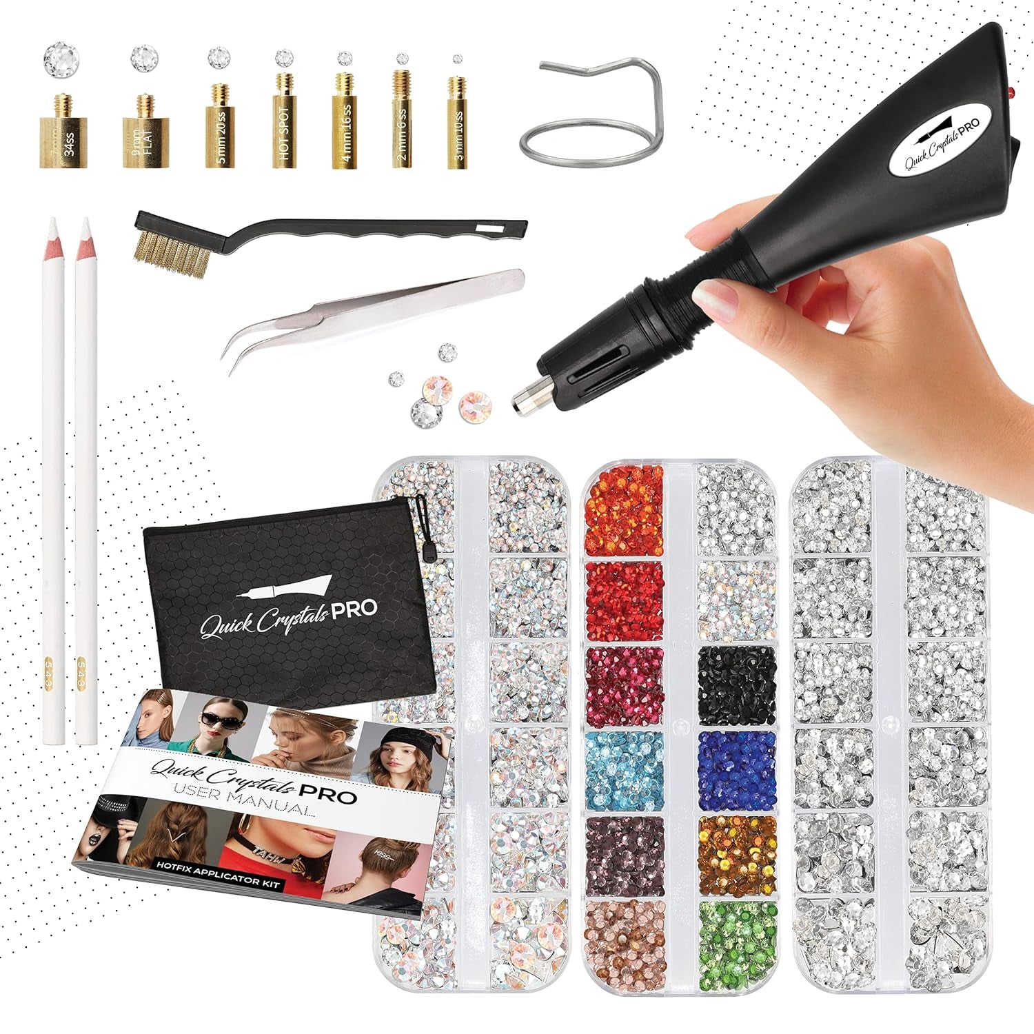 Hotfix Applicator, , Bedazzler Kit with Rhinestones, DIY Wand Setter Tool Kit with 7 Different Tip Sizes, Tweezers, Cleaning Brush, User Manual, and 4400 Rhinestones - Black