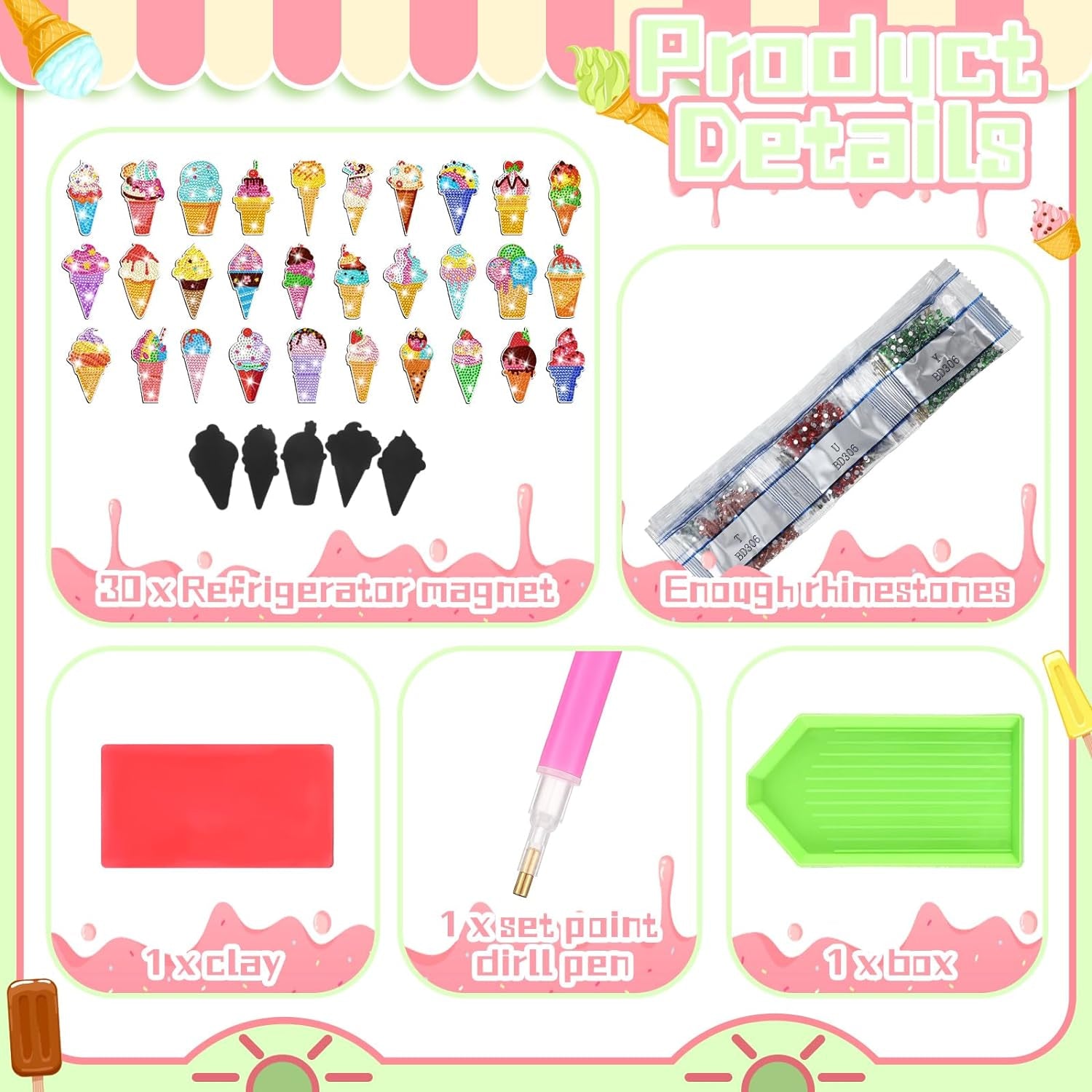 30 Pcs Ice Cream Diamond Painting Magnets, Glitter Magnet Diamond Painting Kits Diamond Painting Stickers Fridge 5D Diamond Art Magnets Crafts Home Decoration Gift