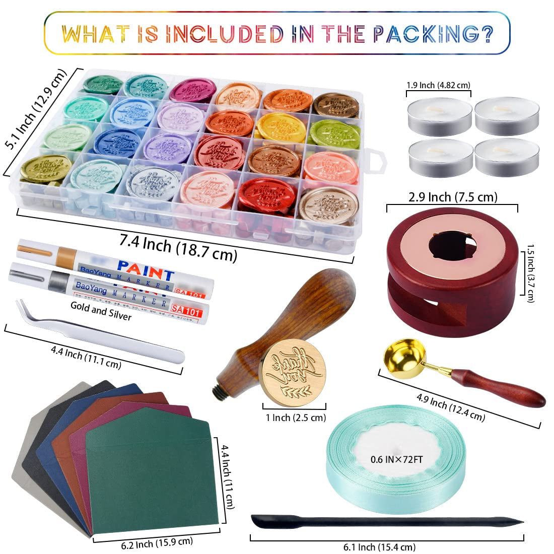 Wax Seal Kit - 24 Colors Sealing Wax Beads/Thank You Wax Stamp/Melting Tool - Making Wax Seals for Envelope Wedding Invitation and Gift Wrapping - Metallic Assorted Color