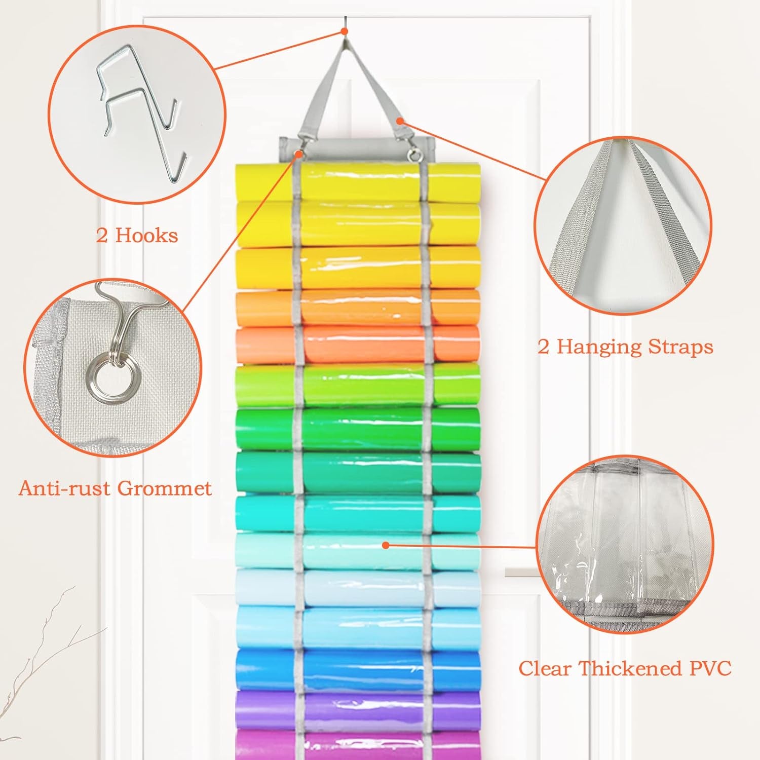 Vinyl Roll Holder - 36 Compartments Vinyl Storage Organizer with 7 Mesh Pockets Storage, Wall Mount/Over the Door Vinyl Roll Storage, with 2 Hooks and 2 Hanging Straps (Grey)