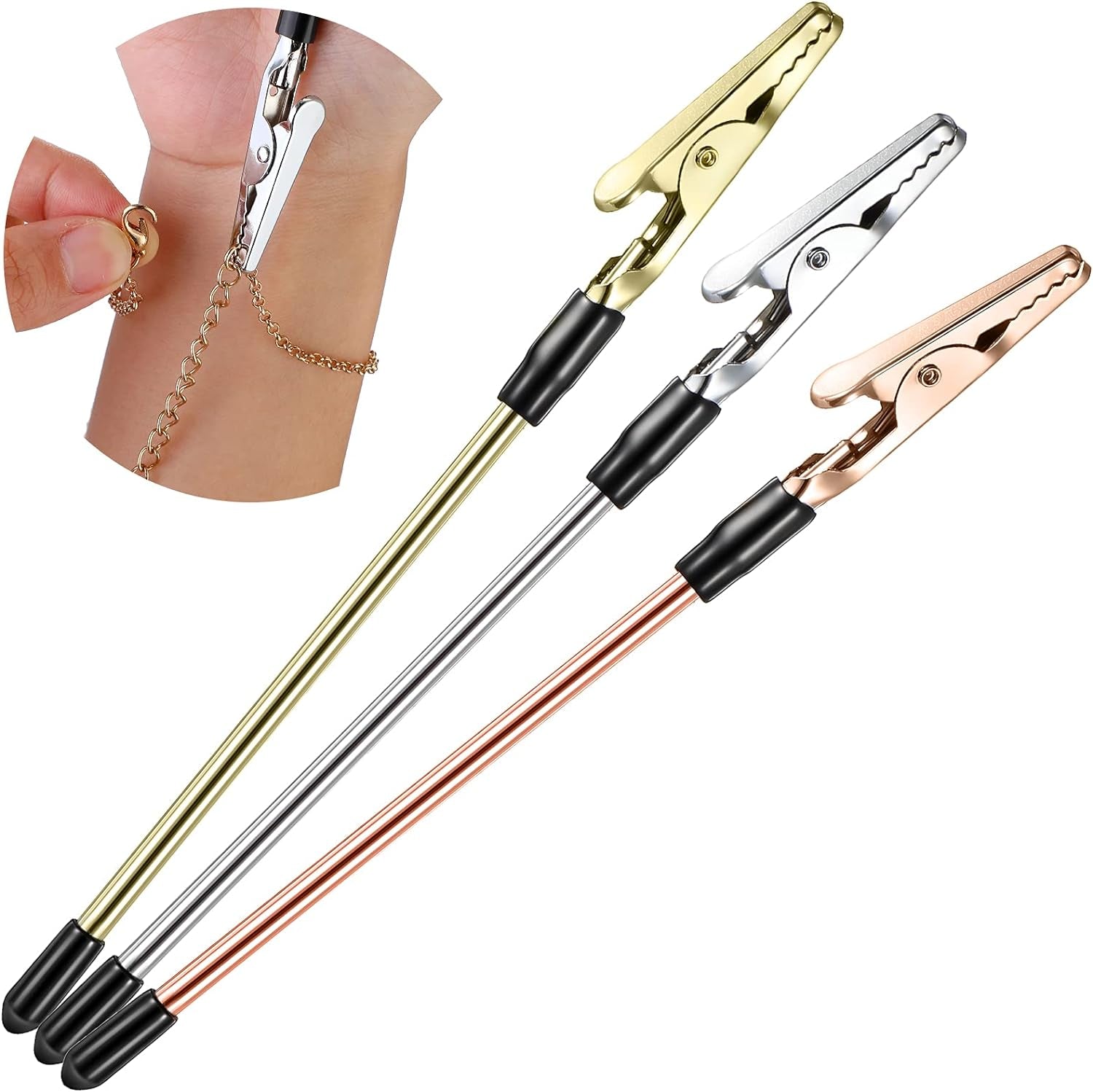 Bracelet Tool Jewelry Helper Hand Bracelet Helpers Fastening and Hooking Equipment for Jewelry Bracelet Necklace Watch Clasps Zipper Valentine'S Gift 6.1 Inch, Gold Silver and Rose Gold (6 Pieces)