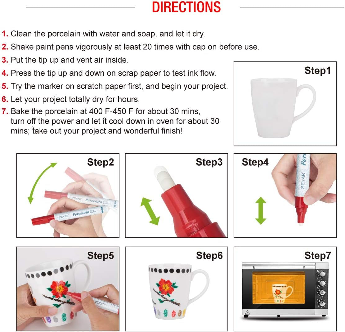 Acrylic Paint Pens for Porcelain, Professional Ceramic Painting, 12 Colors Water-Based, Medium Point, Water and Fade Resistant, DIY on Mugs and Other Ceramics for Permanent Collection