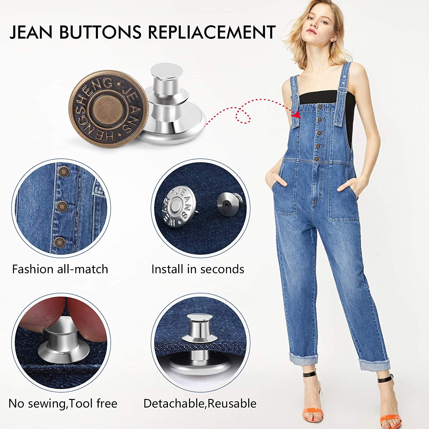 12 Sets Button Pins for Loose Jeans, No Sew and No Tools Instant Replacement Snap Tack Pant Button,  Reusable and Adjustable Metal Pants Button Tightener