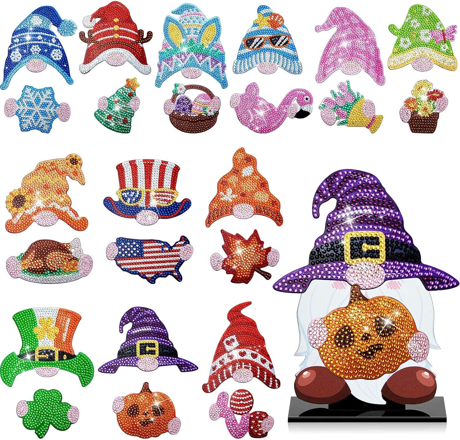 24 Pcs Magnetic Diamond Painting Interchangeable Gnome Stand Decor DIY Holiday Seasonal Tiered Tray Decoration with Magnet Pieces Detachable Fall Desk Decorations for Office Home