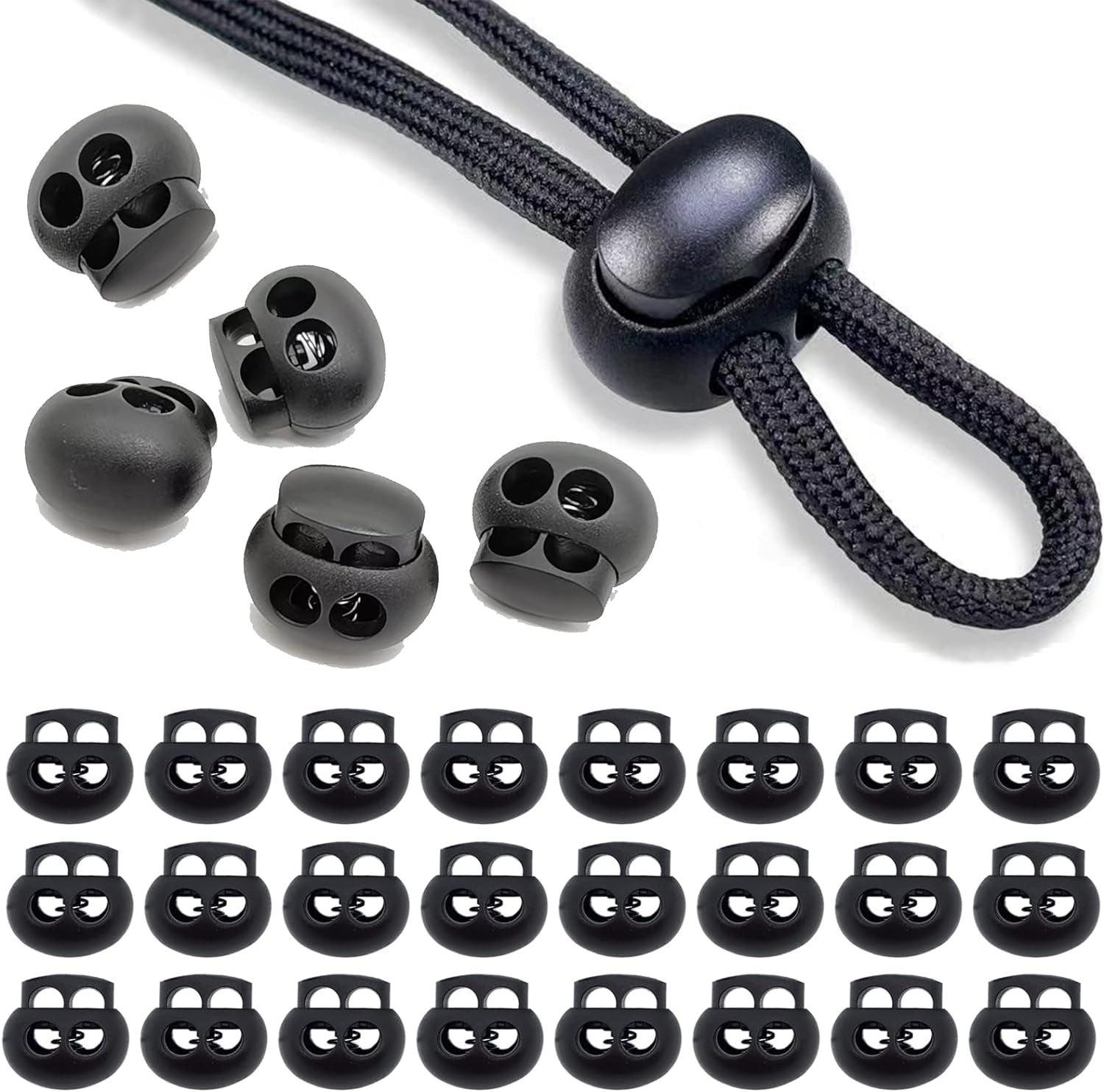 , End Stopper Fastener Slider Toggles Clip 30Pcs Double Hole Spring Plastic Lock End Toggle Clip for Shock Cord, Drawstring, Elastic Cord, Shoelace Locks, Parachute Buckle