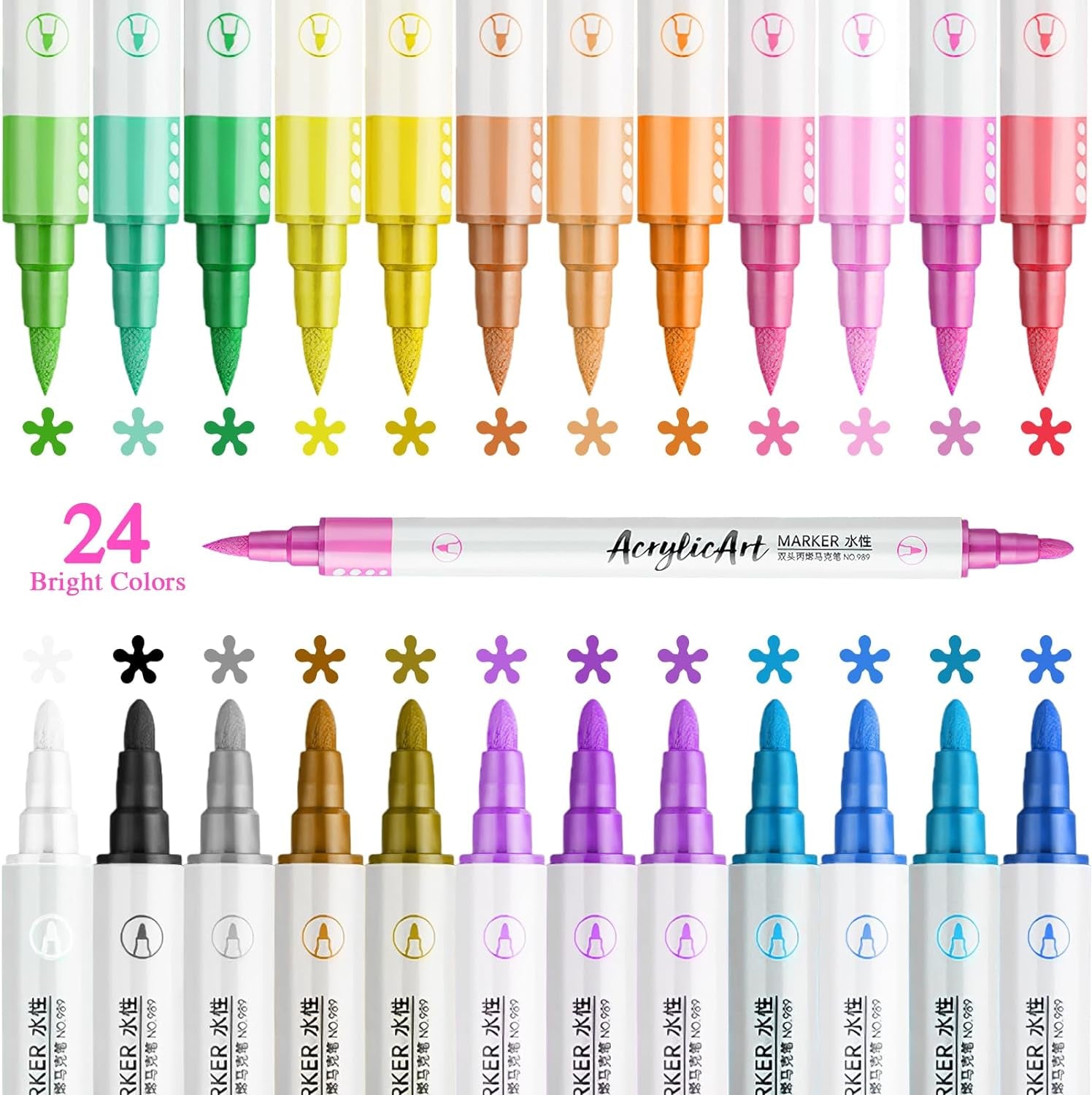 Acrylic Paint Pens, 24 Colors Dual Tip Nail Art Polish Pens with Fine Tip and Brush Tip, Acrylic Paint Markers for Rock Painting, Wood, Glass, Canvas, Calligraphy, Card Making, DIY Nail Beauty