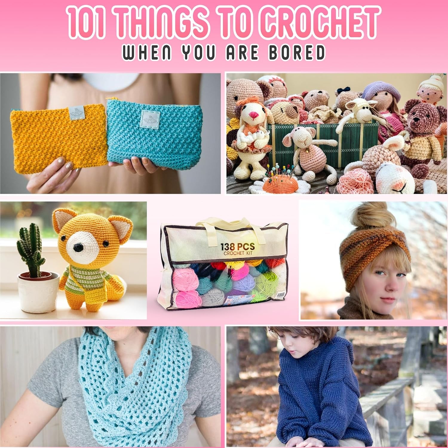 138-Piece Complete Crochet Kit for Beginners Adults &amp; Kids, 25 Acrylic Yarn Colors, Ergonomic Hooks, Scarf Loom, Pompom Makers - Make Amigurumi, Scarves - Learn to Crochet Book - Ideal for All Ages