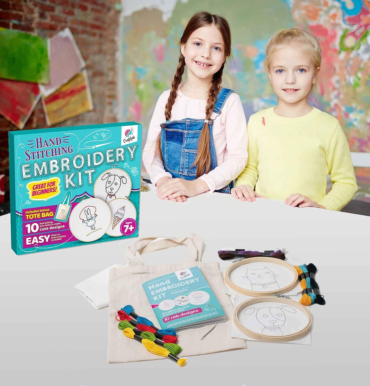 Embroidery Sewing Kit for Beginners, Kids Craft Kit Gift for Girls Boys Ages 8-12, 10 Projects, Embroidery Hoops, Fabric, Patterns, Floss, Needles, Needlepoint Cross Stitching Supplies