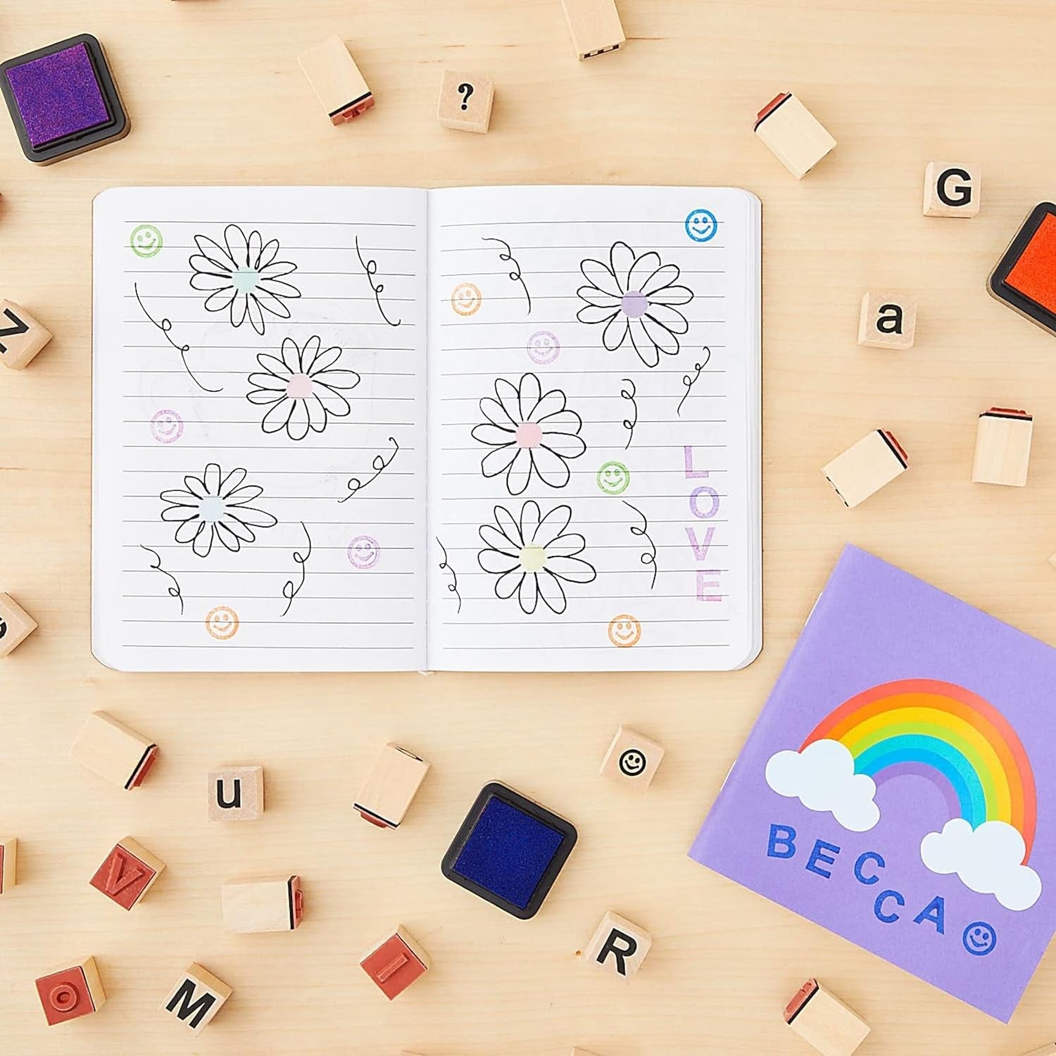 60-Piece Wood Alphabet Stamp Set, Upper and Lowercase Letters with Symbols, Rubber Stamps, DIY Projects, Arts and Crafts, Scrapbooking, Classroom, Games