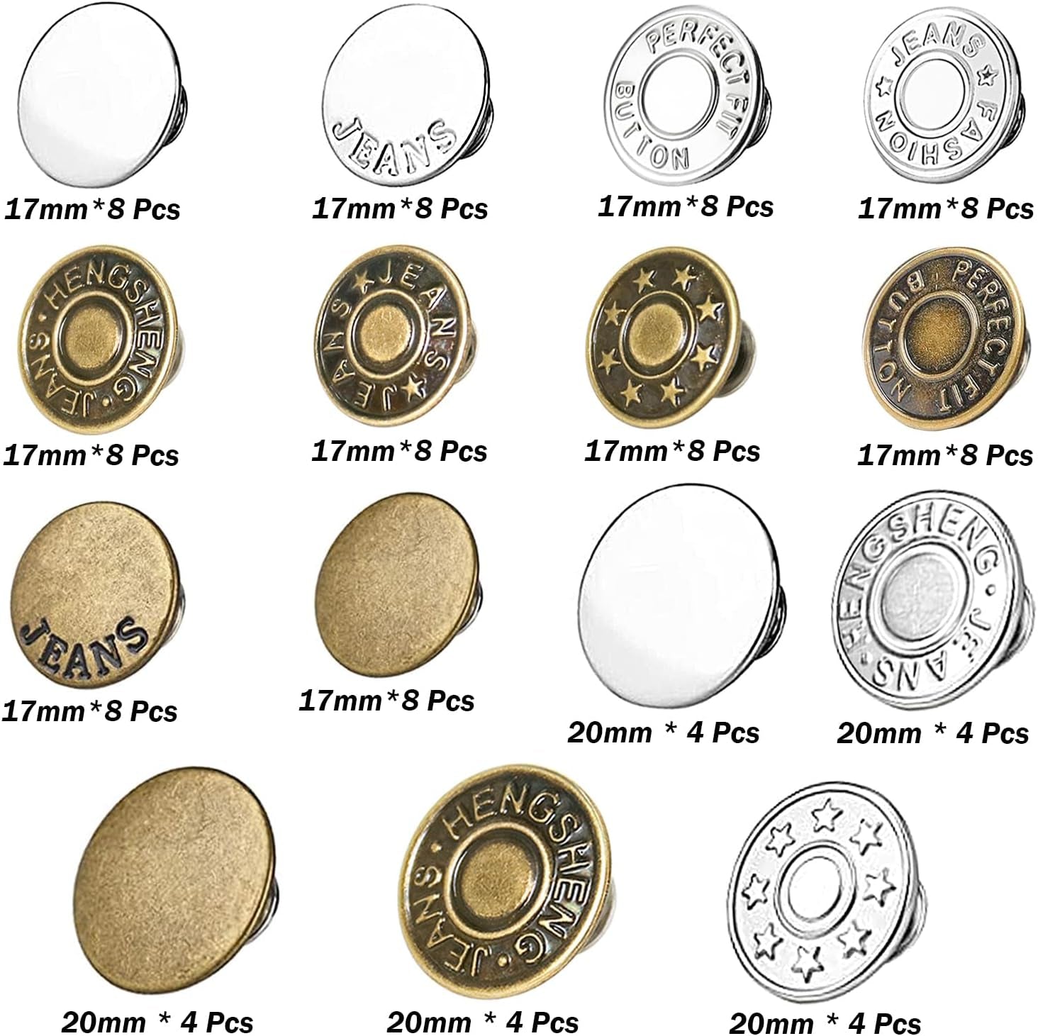 100 Sets Buttons for Jeans, 17Mm and 20Mm No-Sew Removable Adjustable Metal Jean Buttons Pins, Pants Jeans Button Replacement Tightener Repair Combo Thread Rivets and Screwdrivers in Storage Box