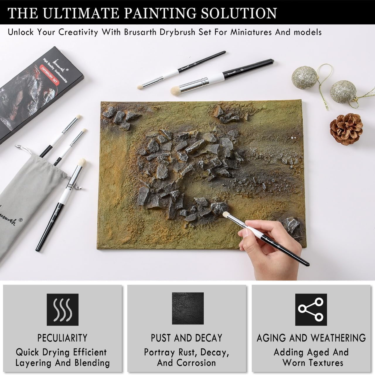 Drybrush Set-Hobby Detail Paint Brush Set, 6 Sizes Goat Hair Acrylic Paint Brushes for Tabletop & Wargames Miniature Watercolor Oil Painting, Model for Beginners & Professional