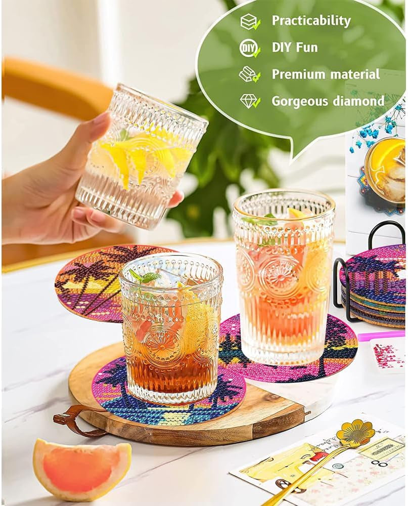 8Pcs Diamond Painting Coasters Kits, DIY Landscape Diamond Art Coaster Kits with Holder, Small Diamond Painting Kits for Adults &amp; Kids Art Craft Supplies