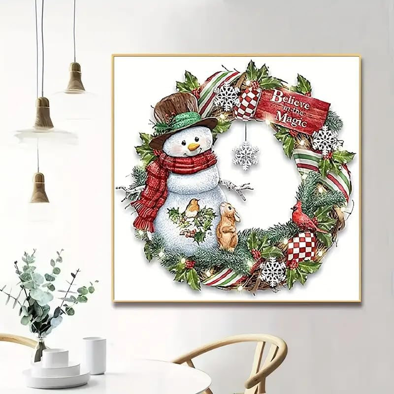 Christmas Diamond Painting Kits,Snowman Wreath Diamond Art Kit for Adults, Winter 5D Paint with Diamond Full Drill for Christmas,Wall Decor12X12