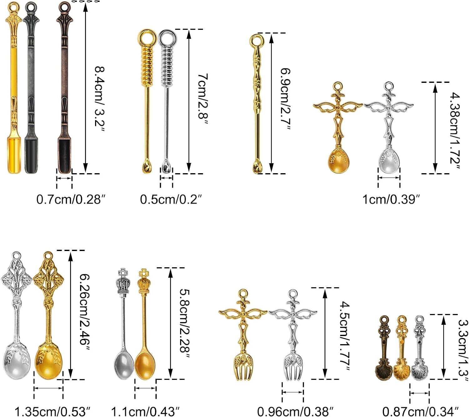 34 Pieces Mini Shovel Spoon,  Little Spoon Pedants Tiny Spoon Mini Shovel Spoons Charms Tableware Charm Pendants, 7 Style Tiny Micro Spoon Kitchen Pendant Spoon