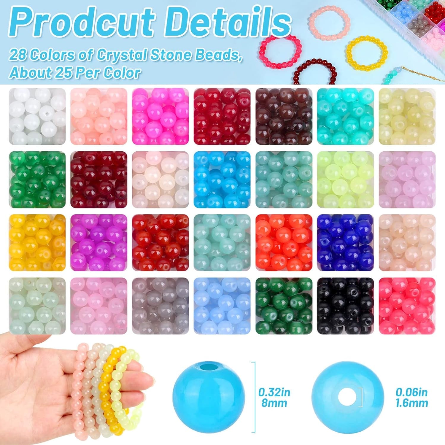 700 Pieces Glass Beads for Jewelry Making, 28 Colors 8Mm Crystal Bracelet and DIY Craft Beads Kit