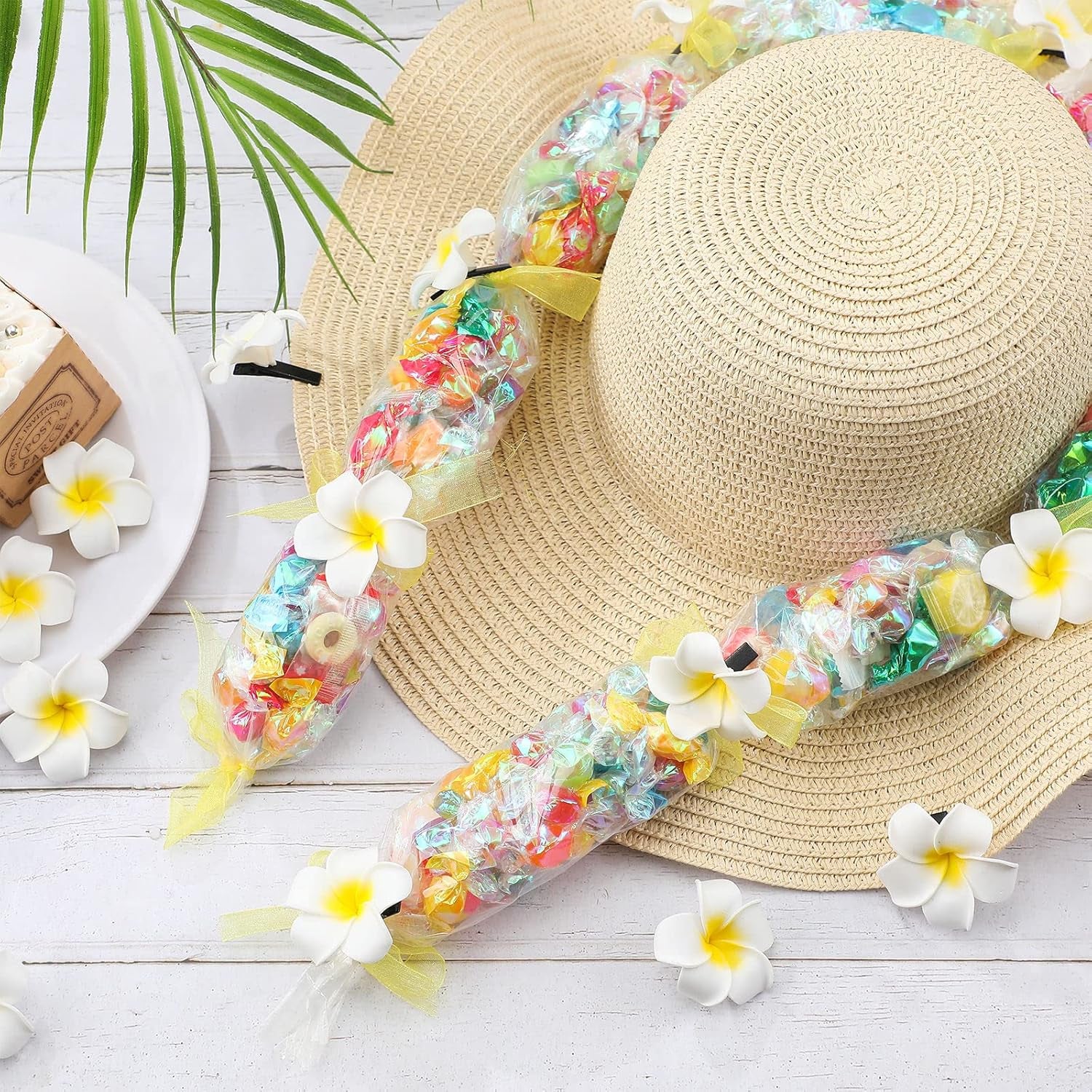 24 Set Graduation Candy Lei Making Kit Class of 2024 Hawaiian Lei Candy Lei Tubing Lei Bags Congrats Grad Lei Long Lei Ribbons Candy Dessert Filler for Party Graduate (Net Flower Style)