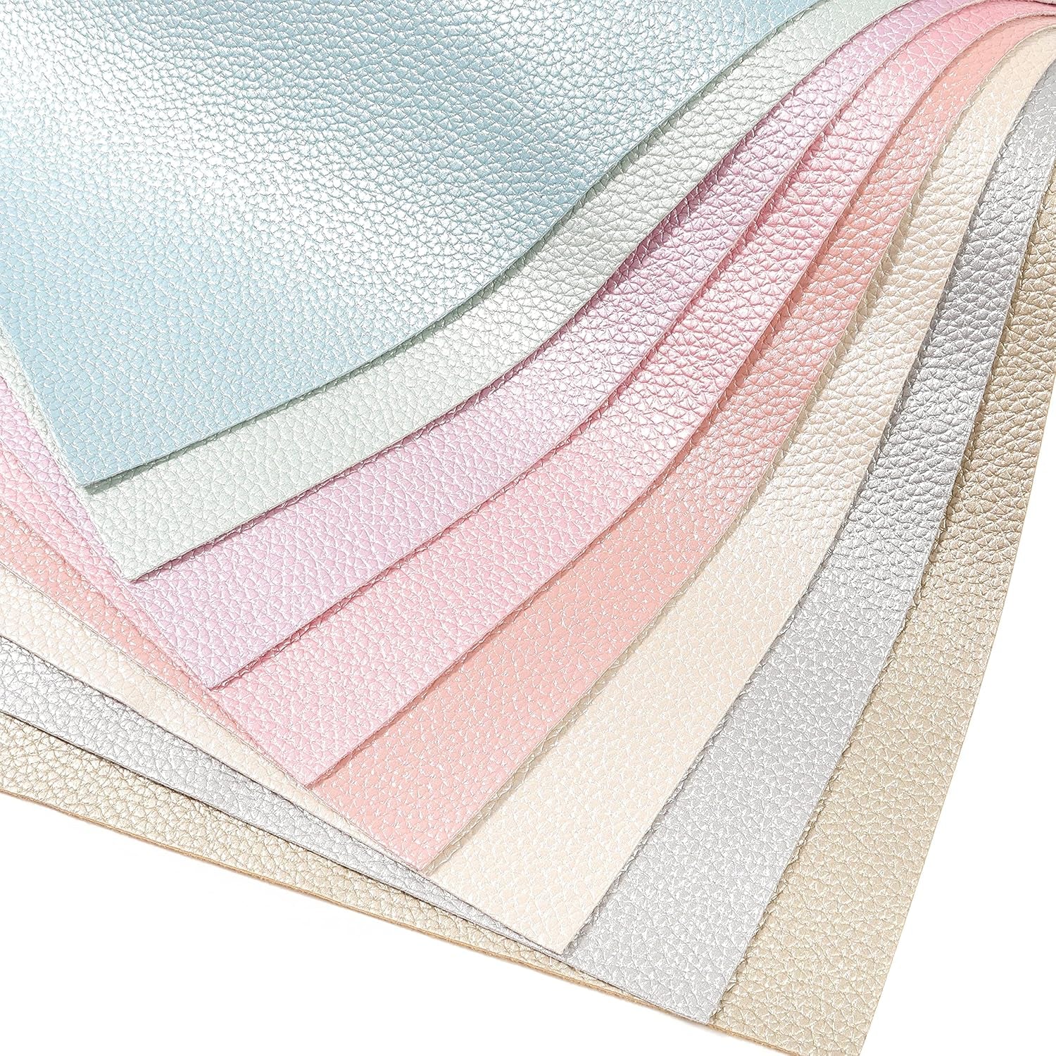 Shiny Pearl Faux Leather Sheets: Soft Pearl Lustrous Textured Metallic PU Synthetic Leather Fabric 8Pcs/Set 12X8 Inch for Bows Earrings Making DIY Craft (Light Color)