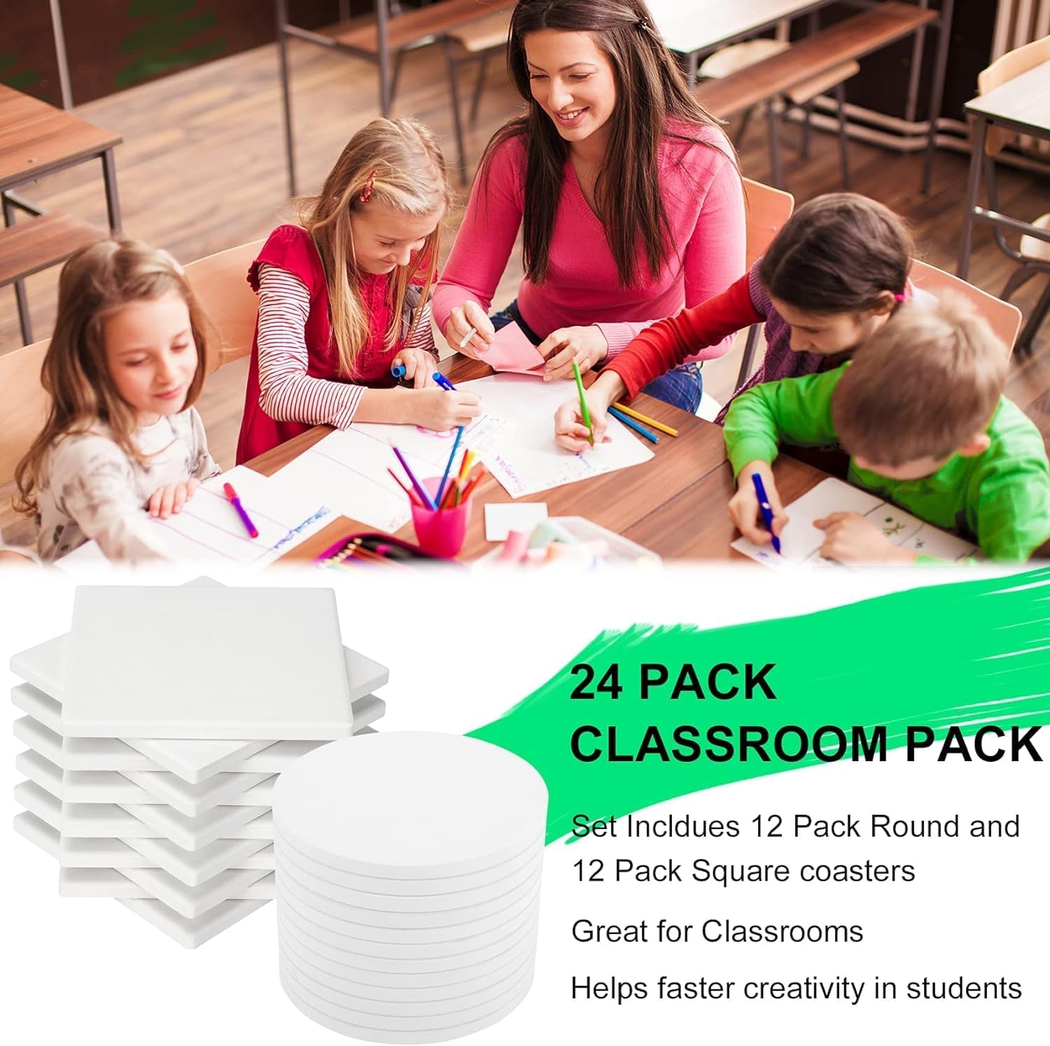 Ceramic Tile for Crafts Coasters, 24 Pack White Tiles Unglazed 4 Inch with 24 Pack Cork Backing Pads Includes Square and round Ceramic Coasters for DIY Arts Craft Project Coasters (24)