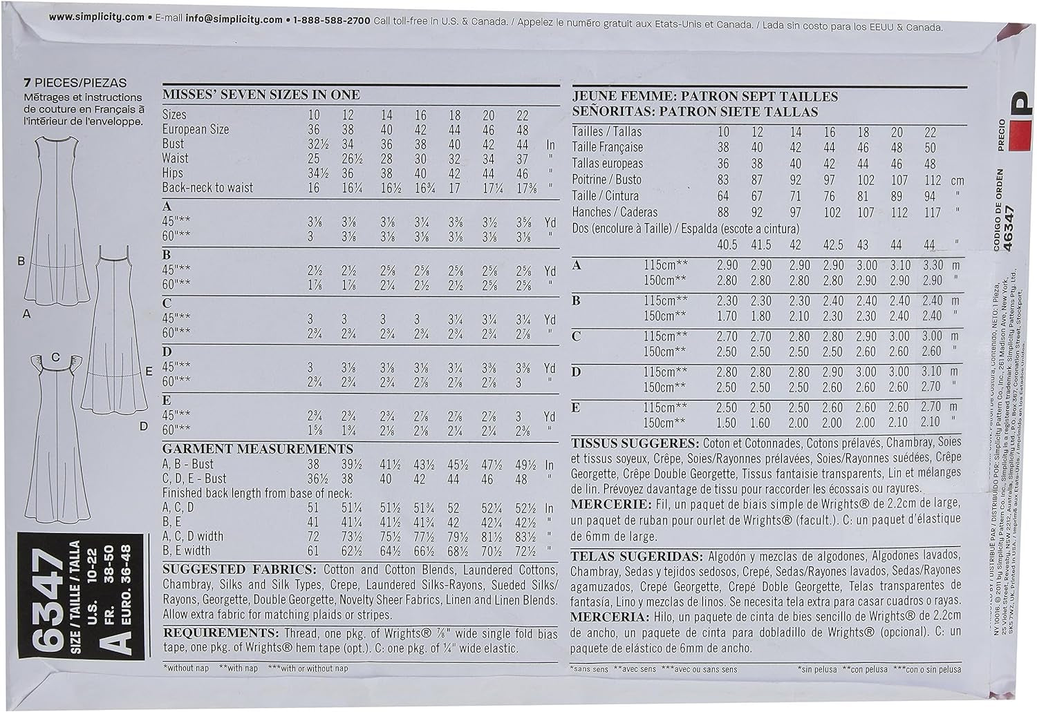 Sewing Pattern 6347 Misses Dresses, Size a (10-12-14-16-18-20-22)