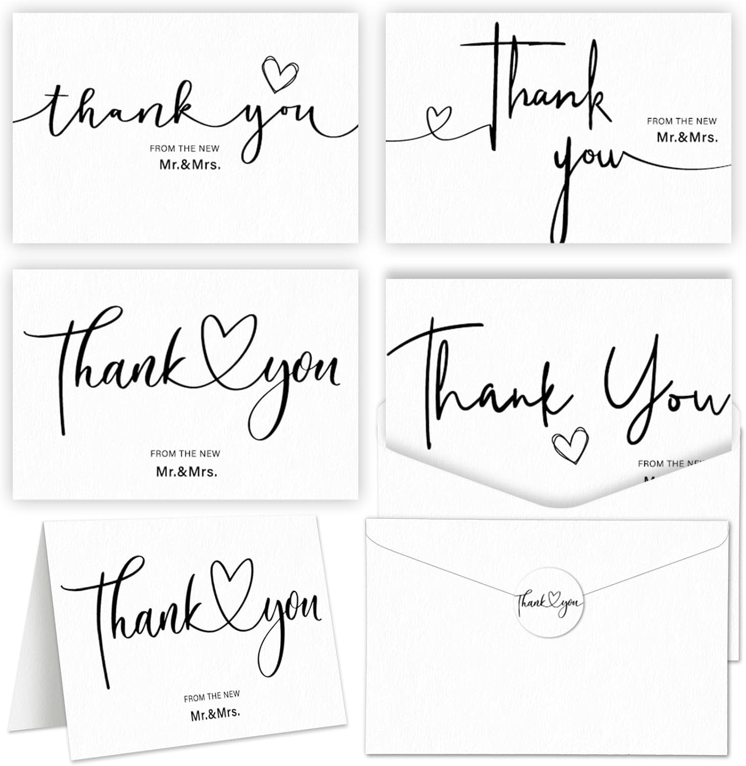 50Sets Wedding Thank You Cards with Envelopes and Stickers 4 Designs Mr and Mrs Thank You Notes Bulk Wedding Gift Cards Thank You Cards for Guests Wedding Party Decor Supplies 6 X 4 Inch