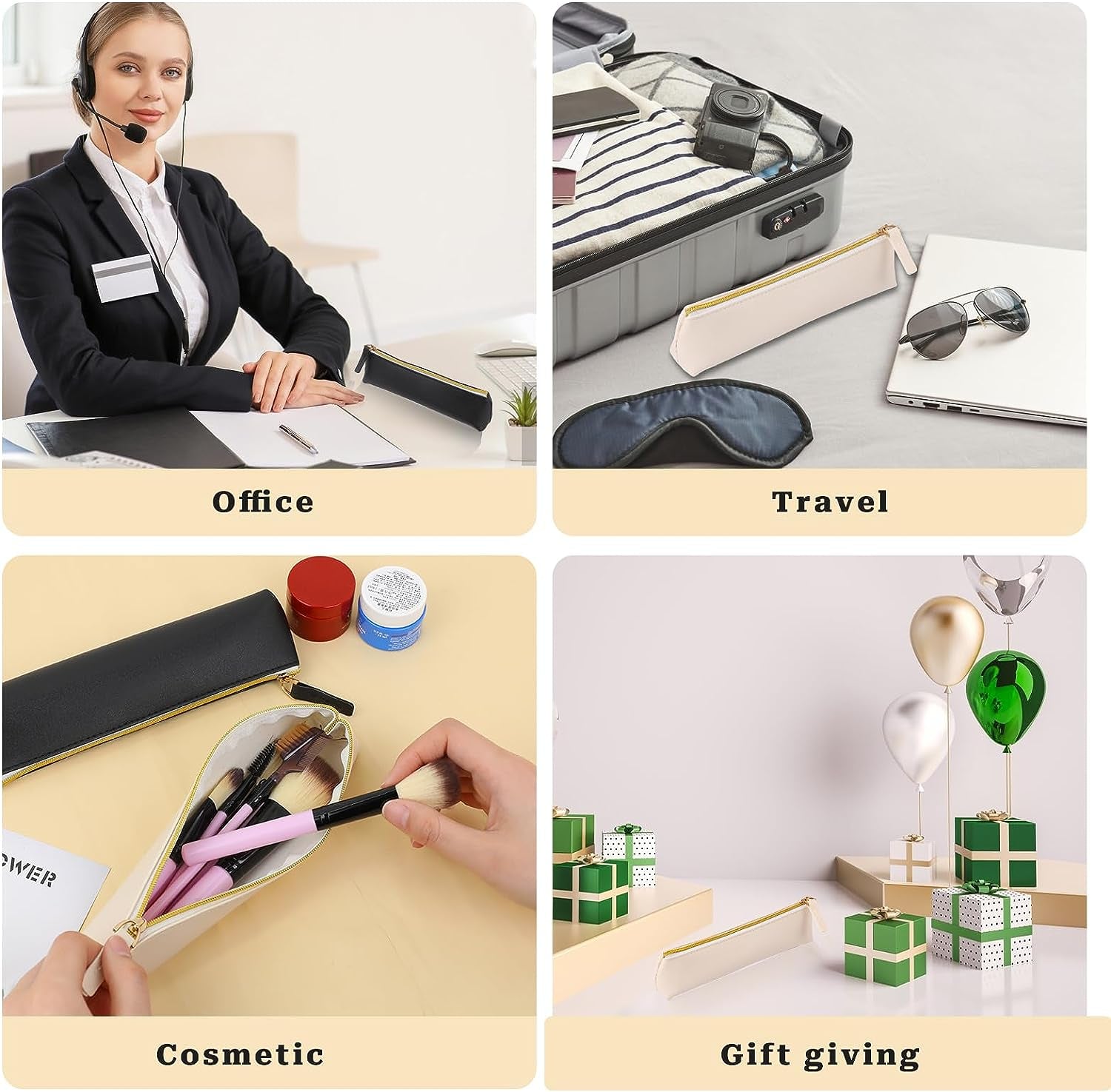 2 Pcs Leather Pencil Pouch, Slim Design Small Pencil Pouch Pencil Bag Zipper Pencil Case Bag Stationery Pouch Bag for Pens, Pencils, Markers(Black&Beige)