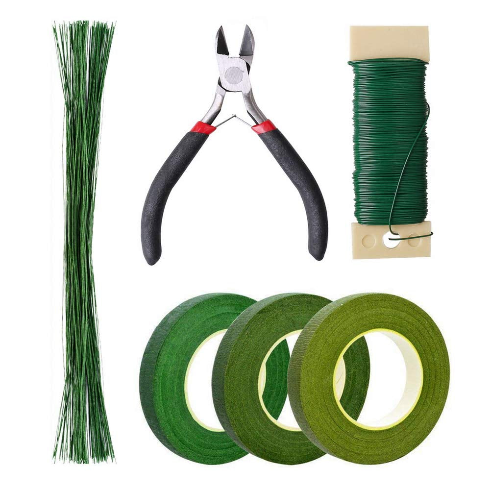 Floral Tape and Floral Wire Floral Arrangement Kit,Green Floral Tape and Boutonniere Pin White Ribbon Wire Cutter 22 Guage Floral Stem Wire for Wreath Making Supplies
