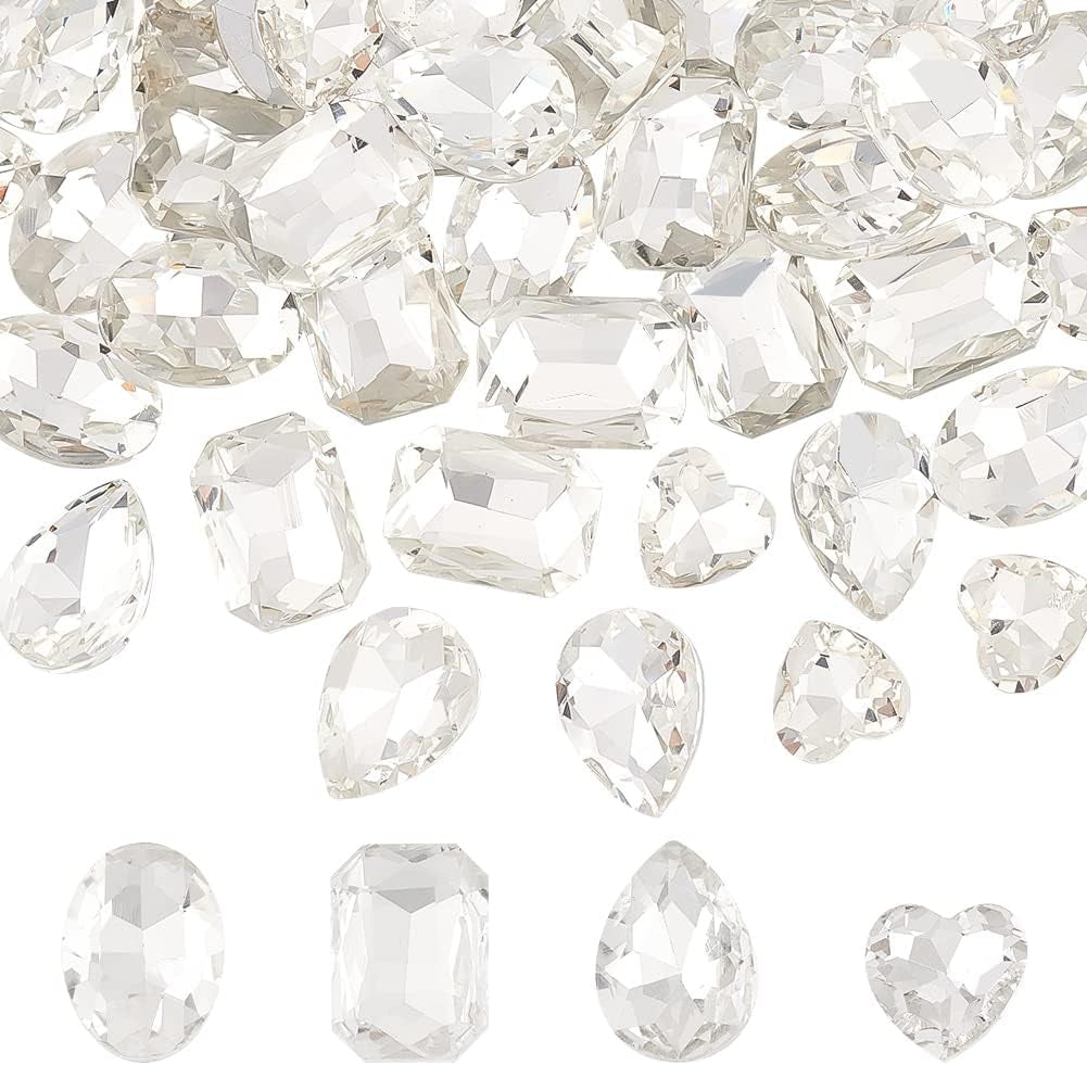 64 Pcs 4 Shapes Pointed Back Rhinestone Glass Rhinestones Gems Clear Rectangle/Teardrop/Heart/Oval Crystal Jewels Embelishments with Silver Plated Back for DIY Craft Jewelry Making