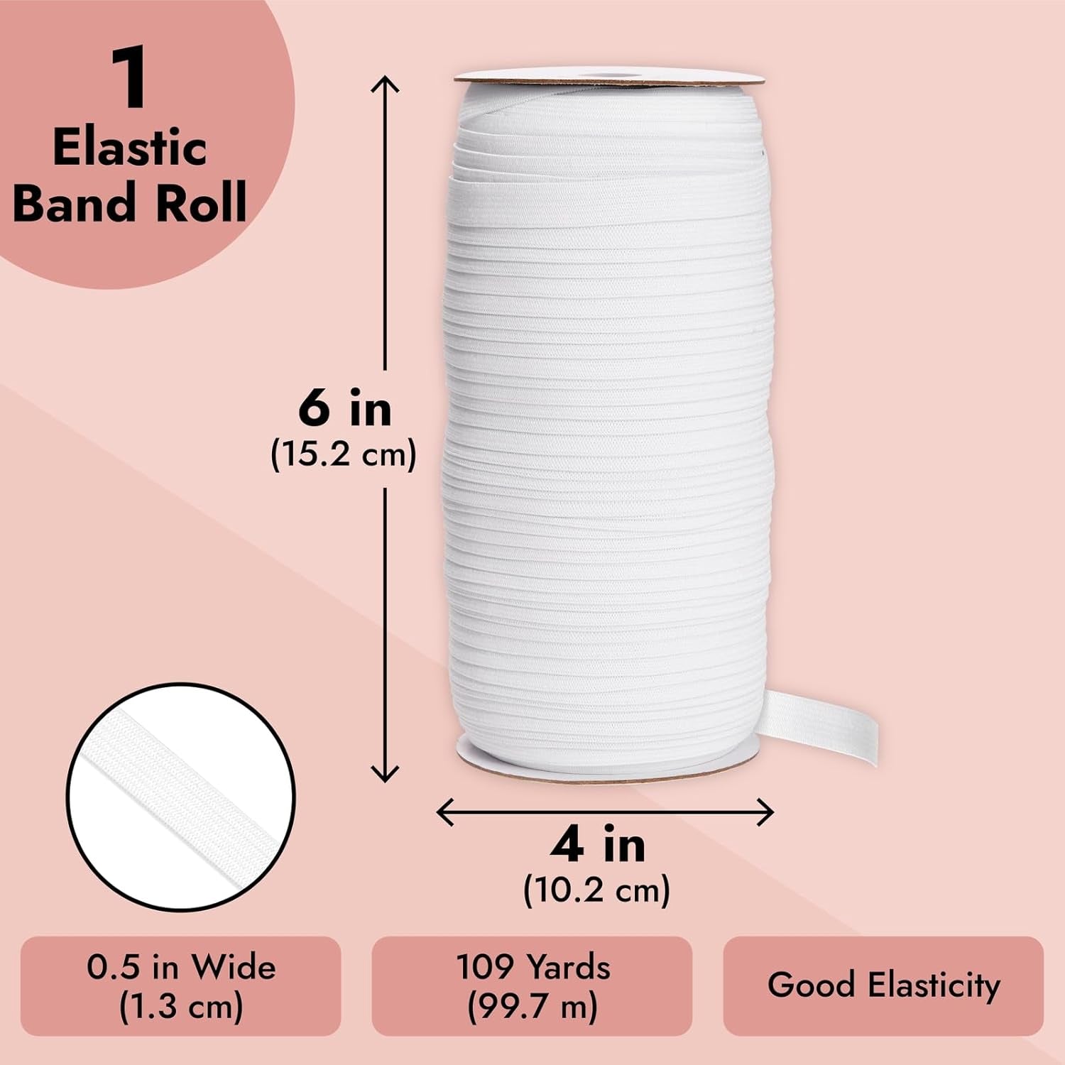 109 Yards White 1/2 Inch Elastic Band for Sewing Clothes, Stretch Knit Bands for DIY Arts and Crafts, Tailoring, Clothing Garment Repair, Kitting Supplies (0.5 Inches Wide)